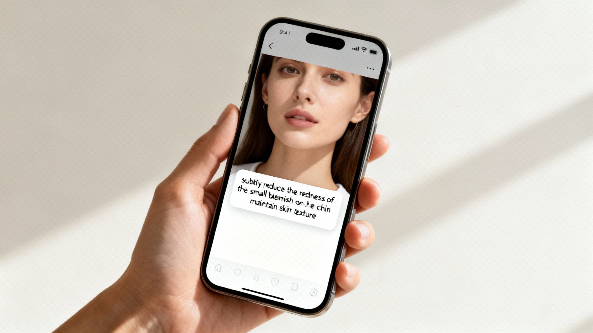 A hand holds a smartphone displaying a woman's face and a text prompt for skin editing.