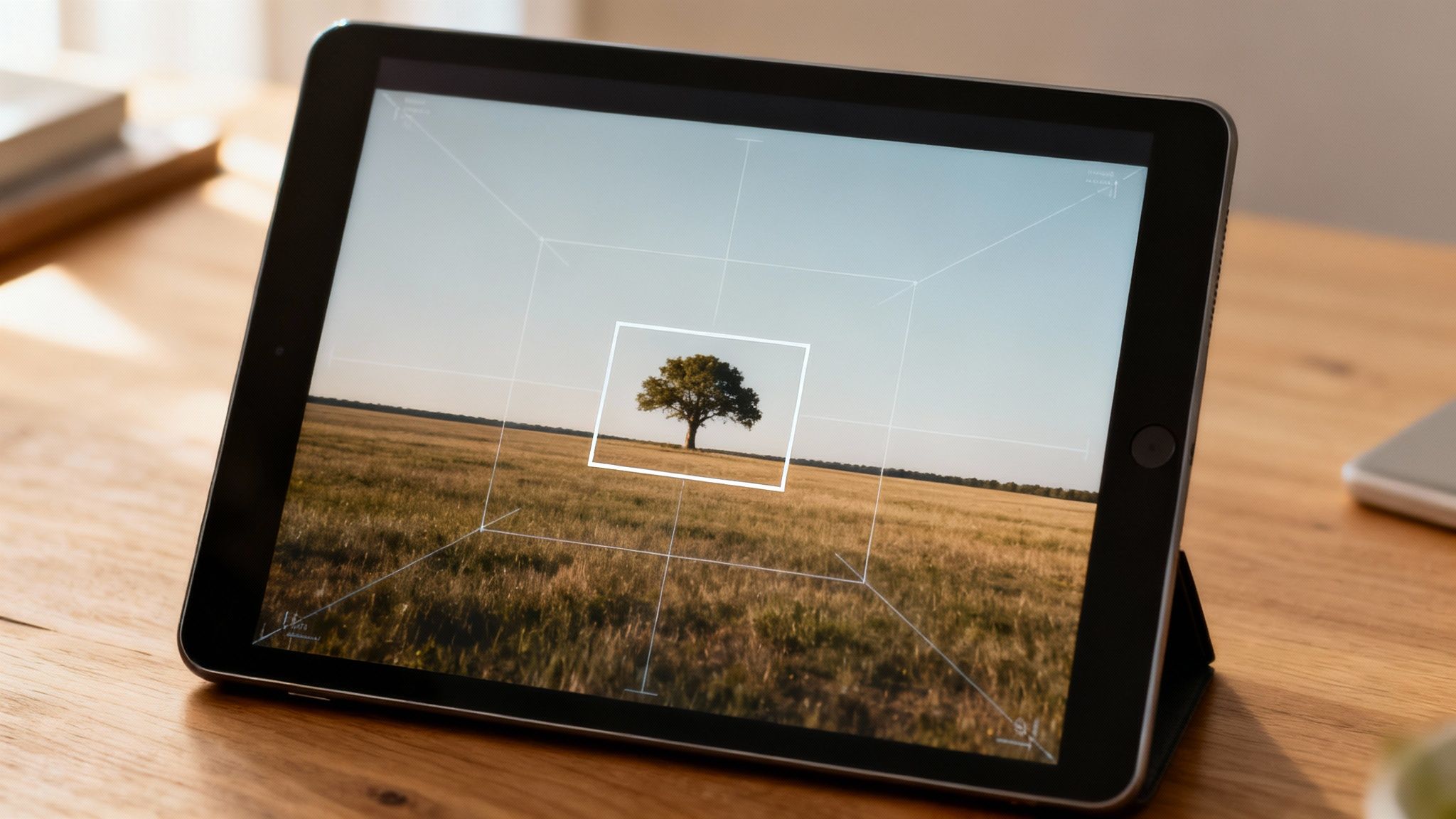 A tablet on a wooden desk displays a landscape image of a solitary tree in a field with editing grid lines and a white frame.