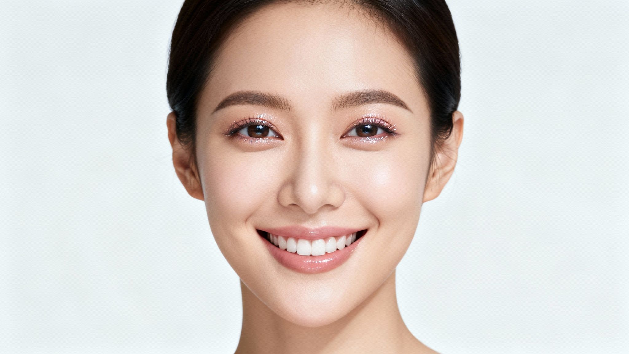 Close-up of a smiling Asian woman with glowing skin and sparkling eye makeup.