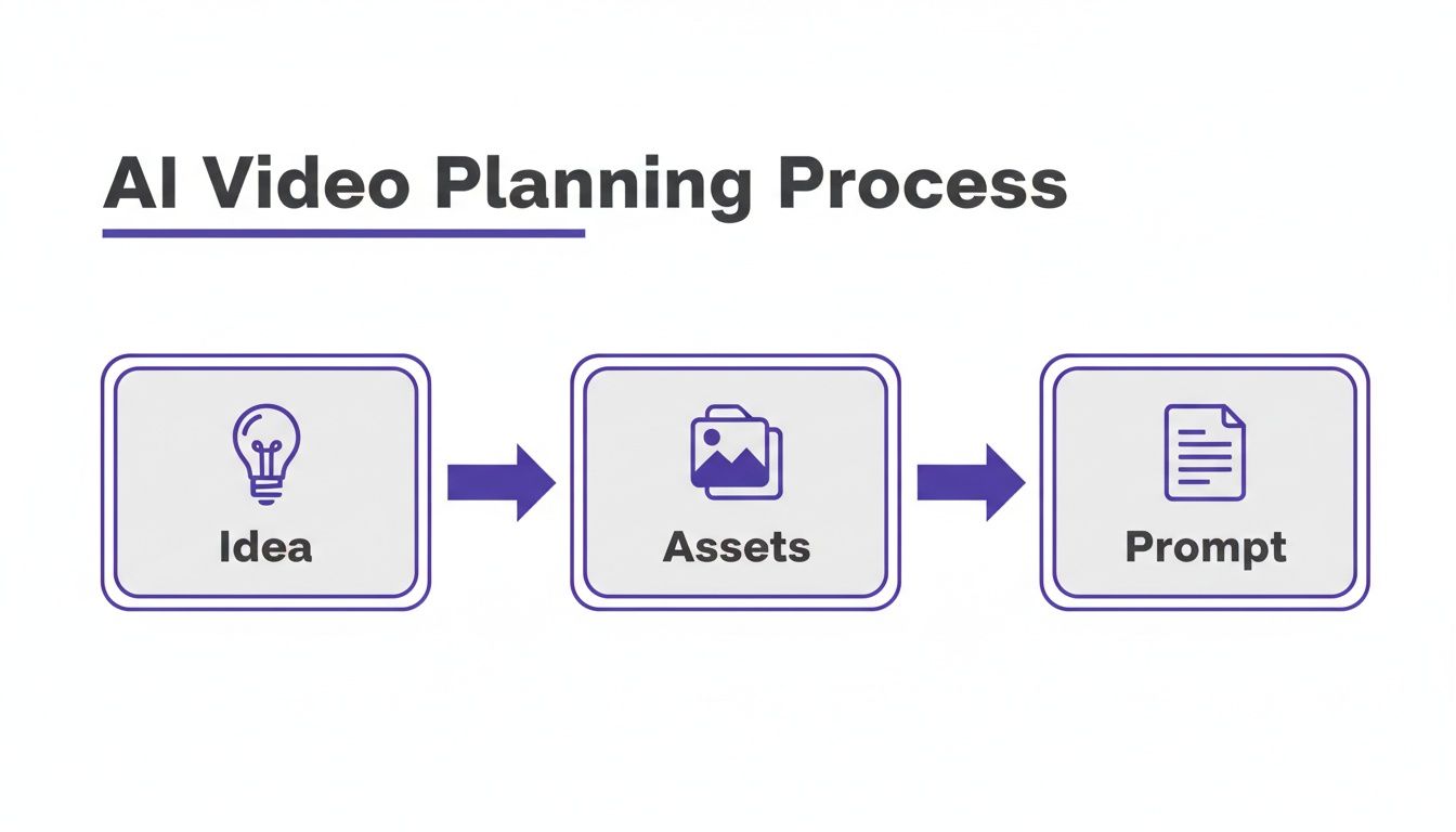 A flowchart showing the AI video planning process: Idea, Assets, and Prompt.