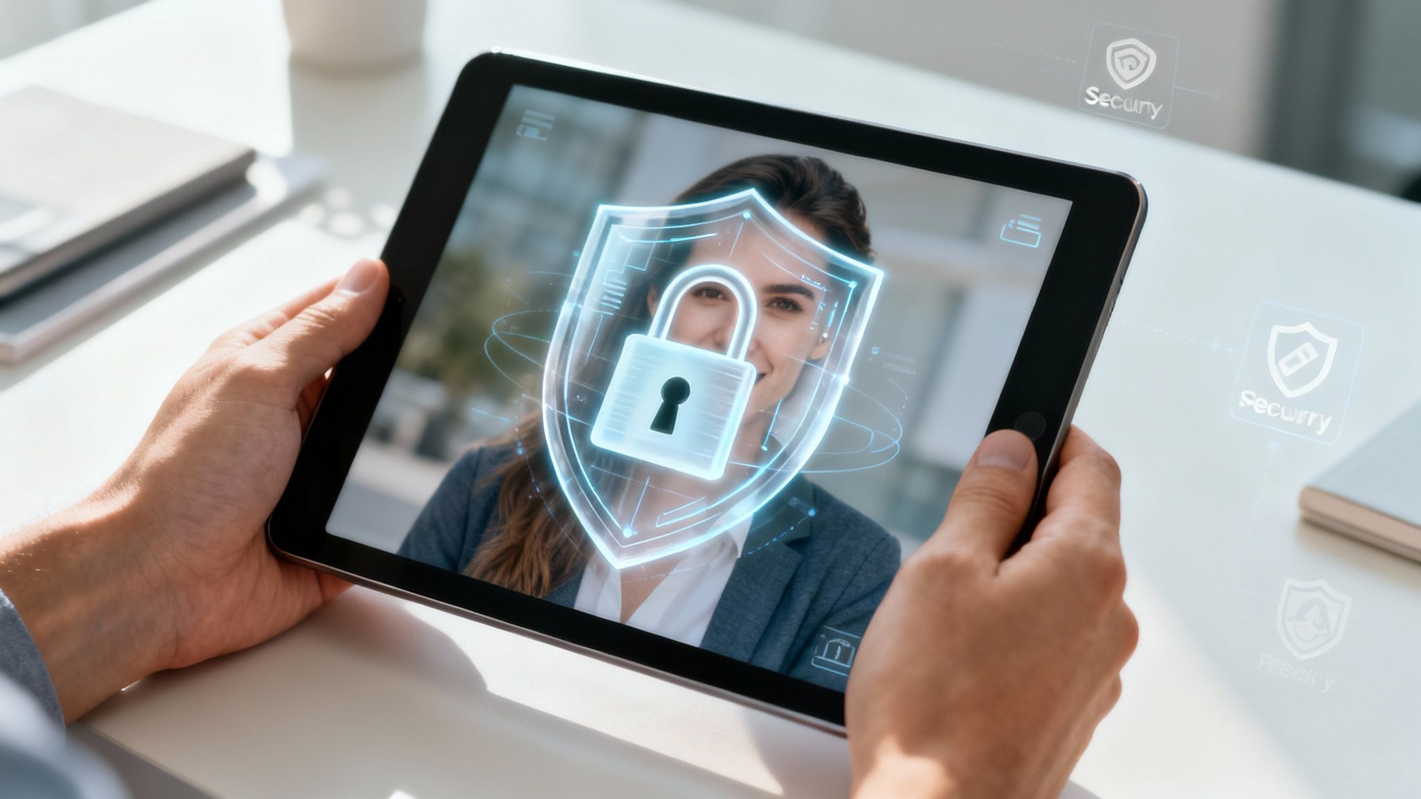 Hands holding a tablet displaying a woman with a digital security shield and padlock overlay.