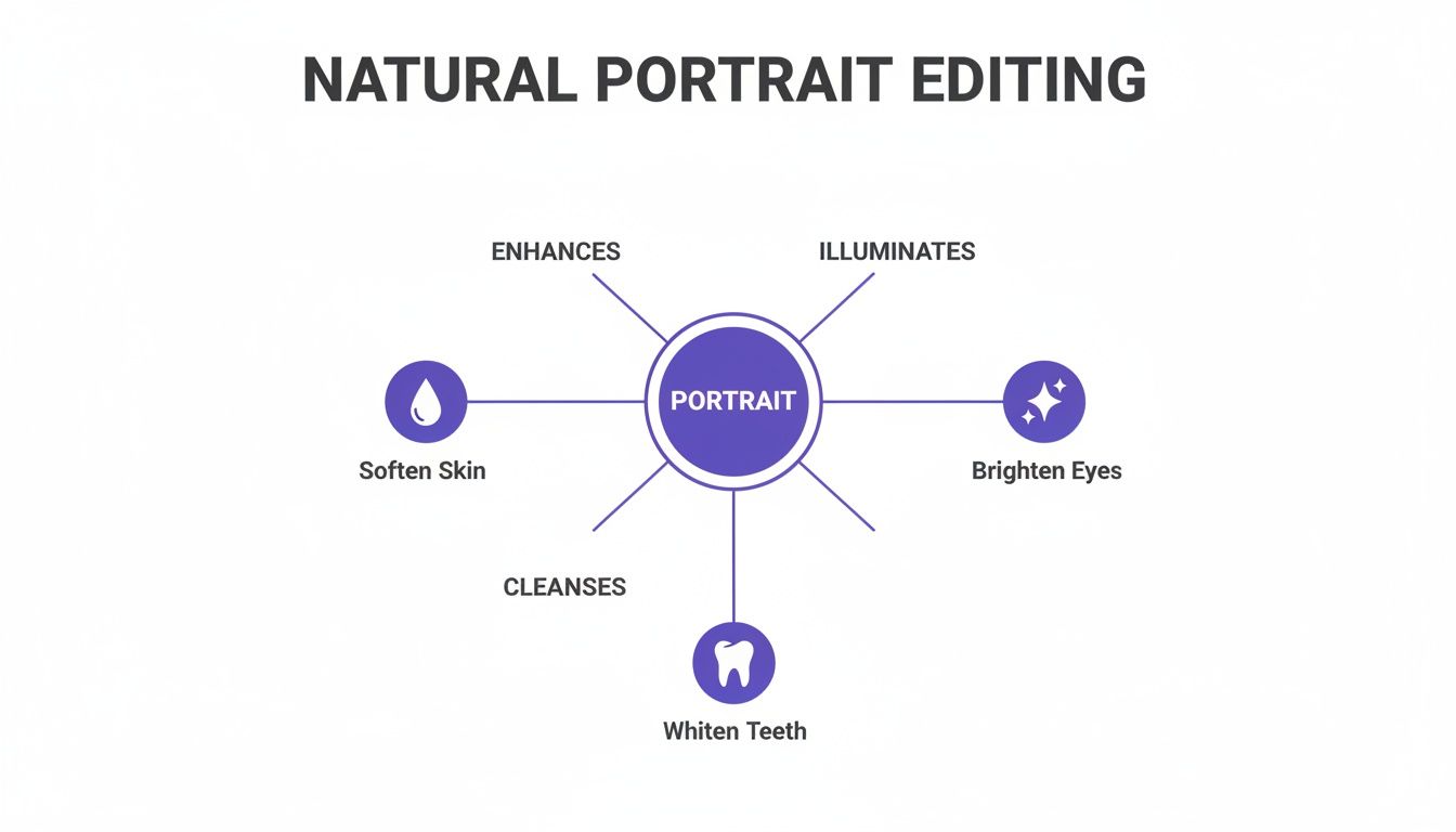 A diagram detailing natural portrait editing features such as skin softening, teeth whitening, and eye brightening.