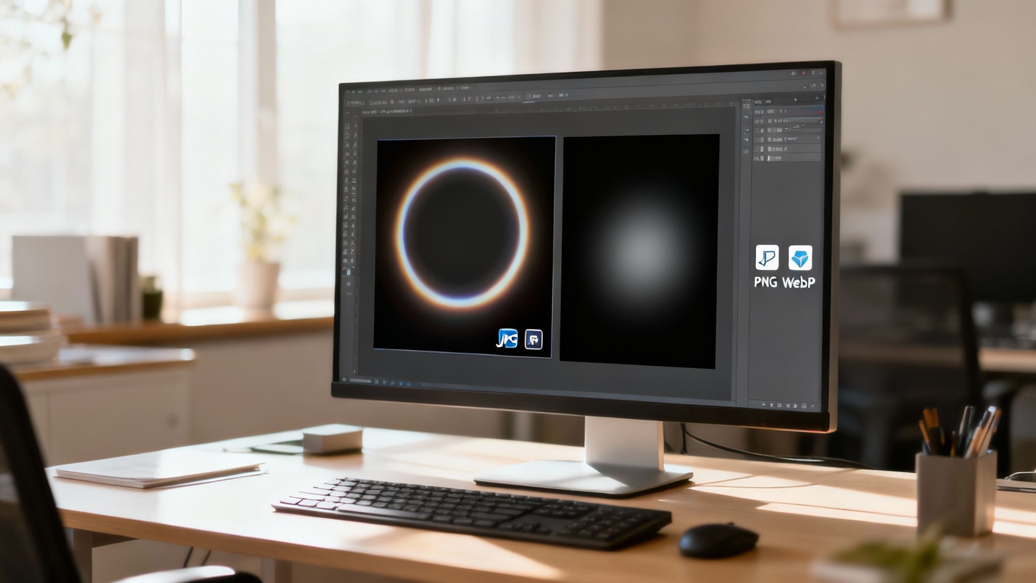 A hand points to a computer screen showing export settings for a photo, with options like JPEG, PNG, and different quality levels visible.