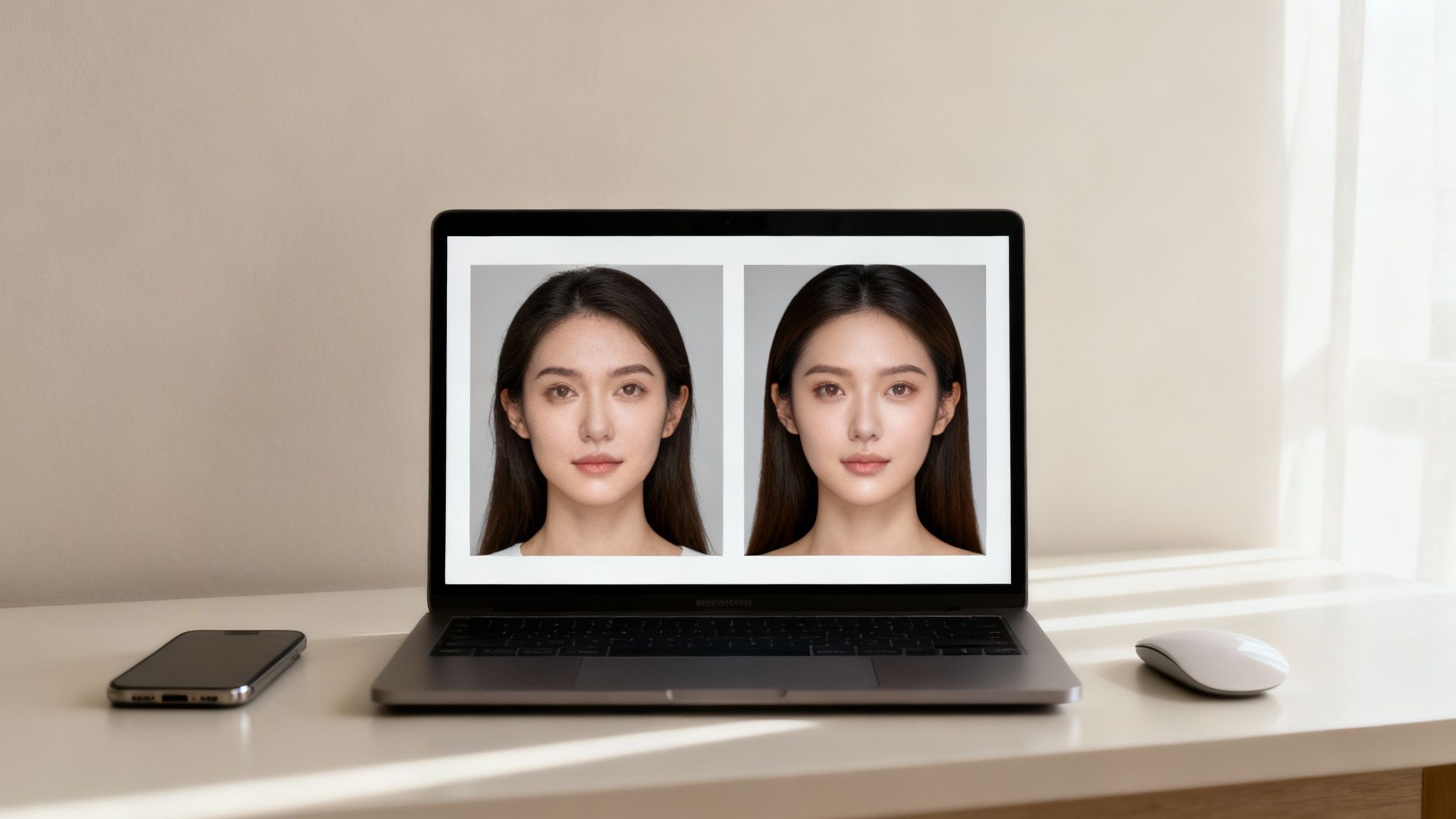 A person editing a professional headshot on a laptop, showing a split screen of the before and after with enhanced lighting and background.
