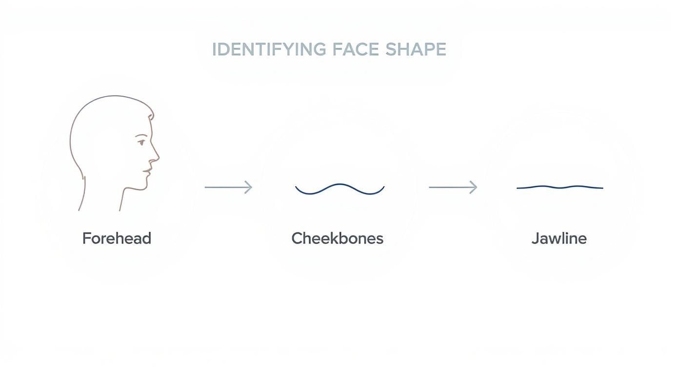 Diagram illustrating how to identify face shape by analyzing forehead, cheekbones, and jawline features.