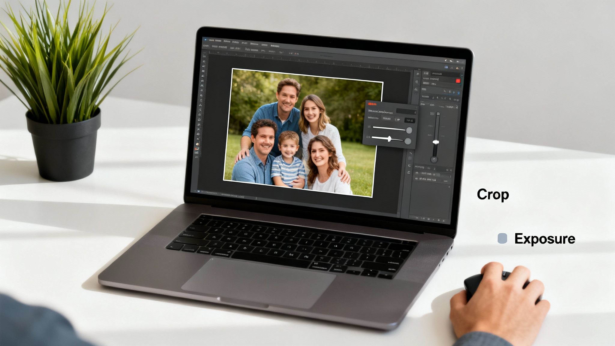 A person editing a family photo on a laptop, using photo editing software to adjust crop and exposure.