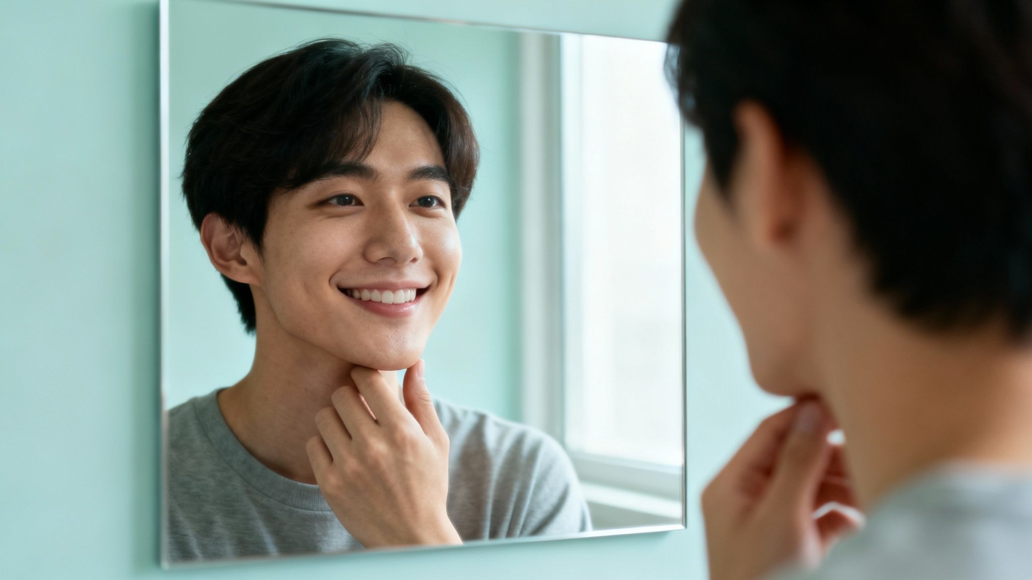 A smiling young Asian man touching his chin while looking at his reflection in a mirror.