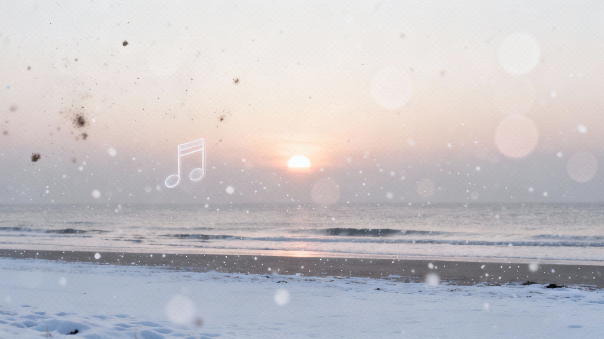 A serene winter beach at sunset with a bright musical note, falling snow, and bokeh effects.