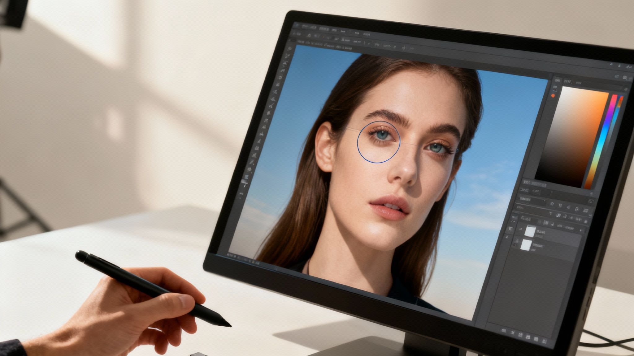 A creative professional working on a futuristic computer interface showing AI-assisted photo editing tools.