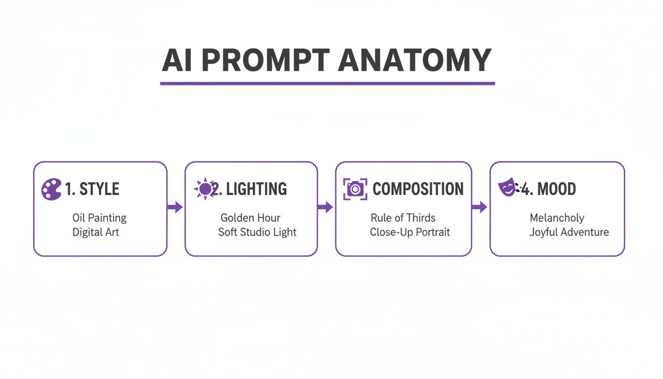 A diagram illustrating AI prompt anatomy, detailing style, lighting, composition, and mood categories with examples.