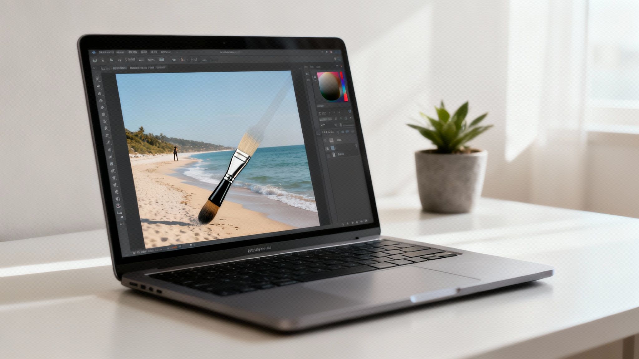 A clean, modern desk setup with a laptop showing a photo editing interface.