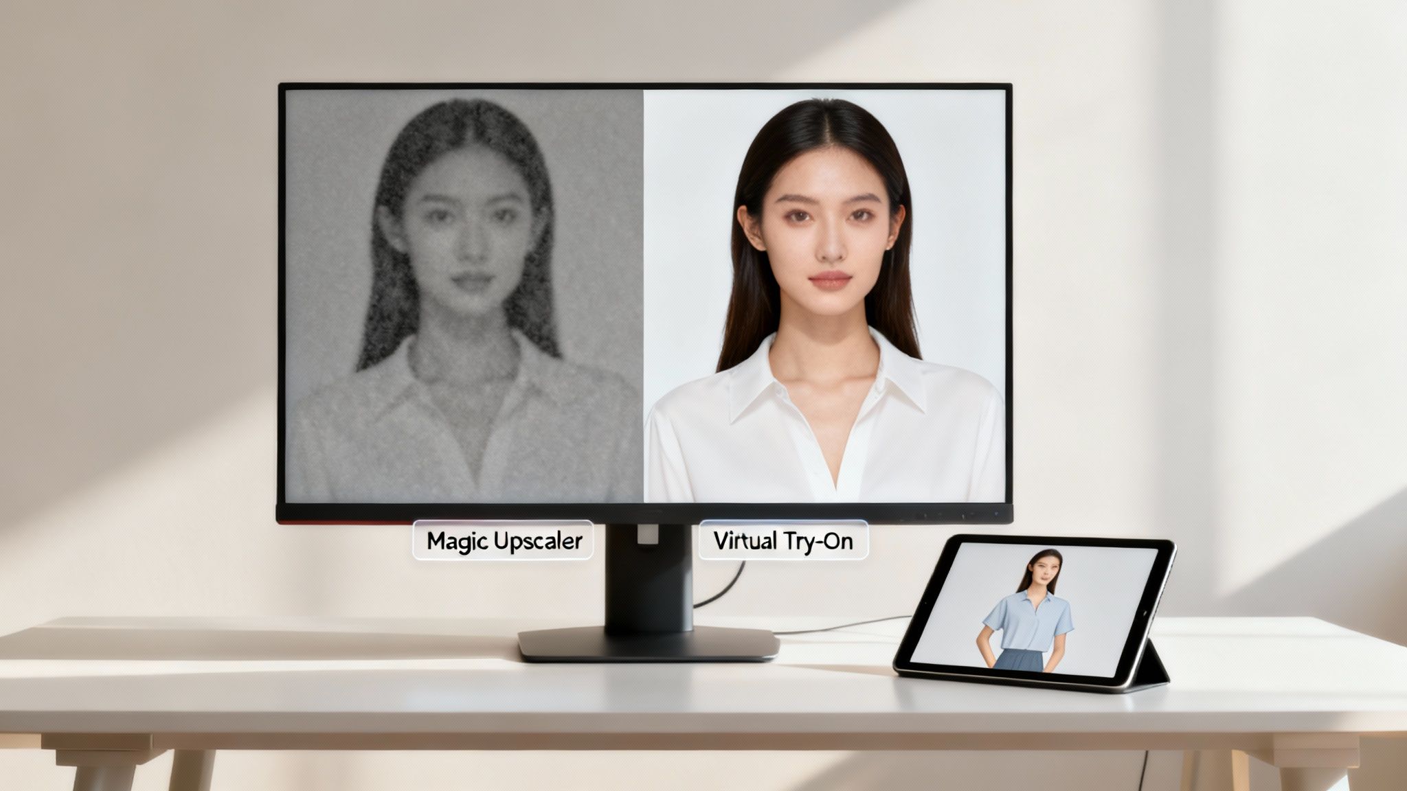 A monitor displays blurry and enhanced photos of a woman, with a tablet showing a virtual outfit try-on.