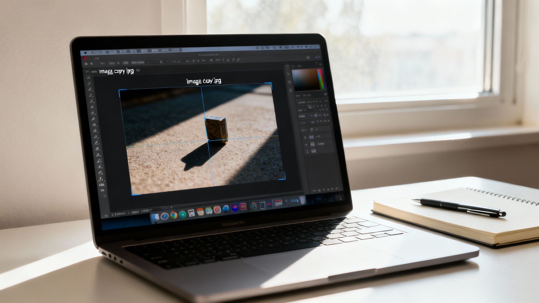 MacBook Pro displaying photo editing software with object selection and removal tools active