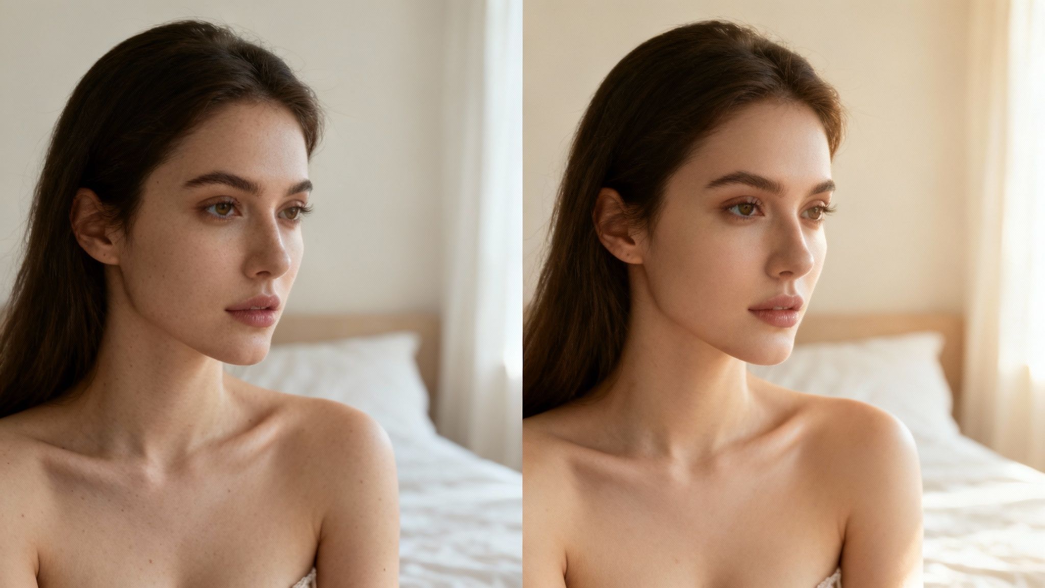 A woman in lingerie looking at her reflection in a mirror, representing self-love during the editing process.