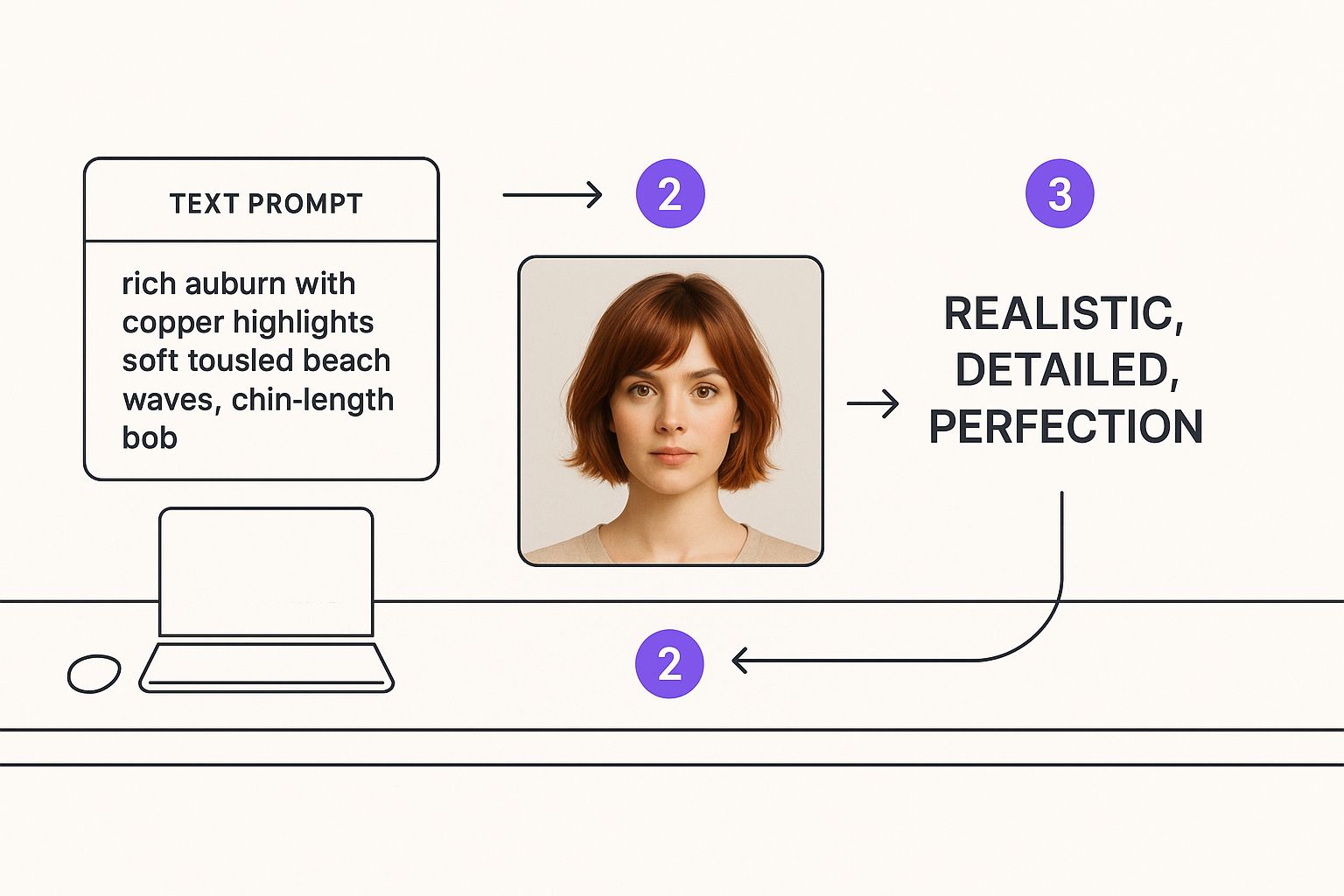 Infographic demonstrating how a detailed text prompt guides AI to add a specific hairstyle to a photo.