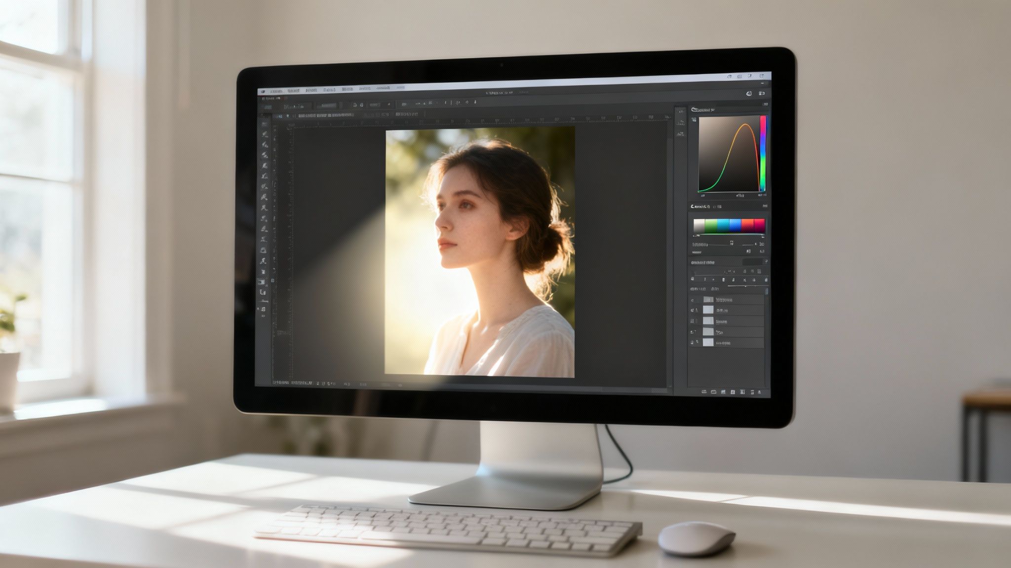 An abstract image representing AI photo editing, with glowing neural network lines over a photograph.