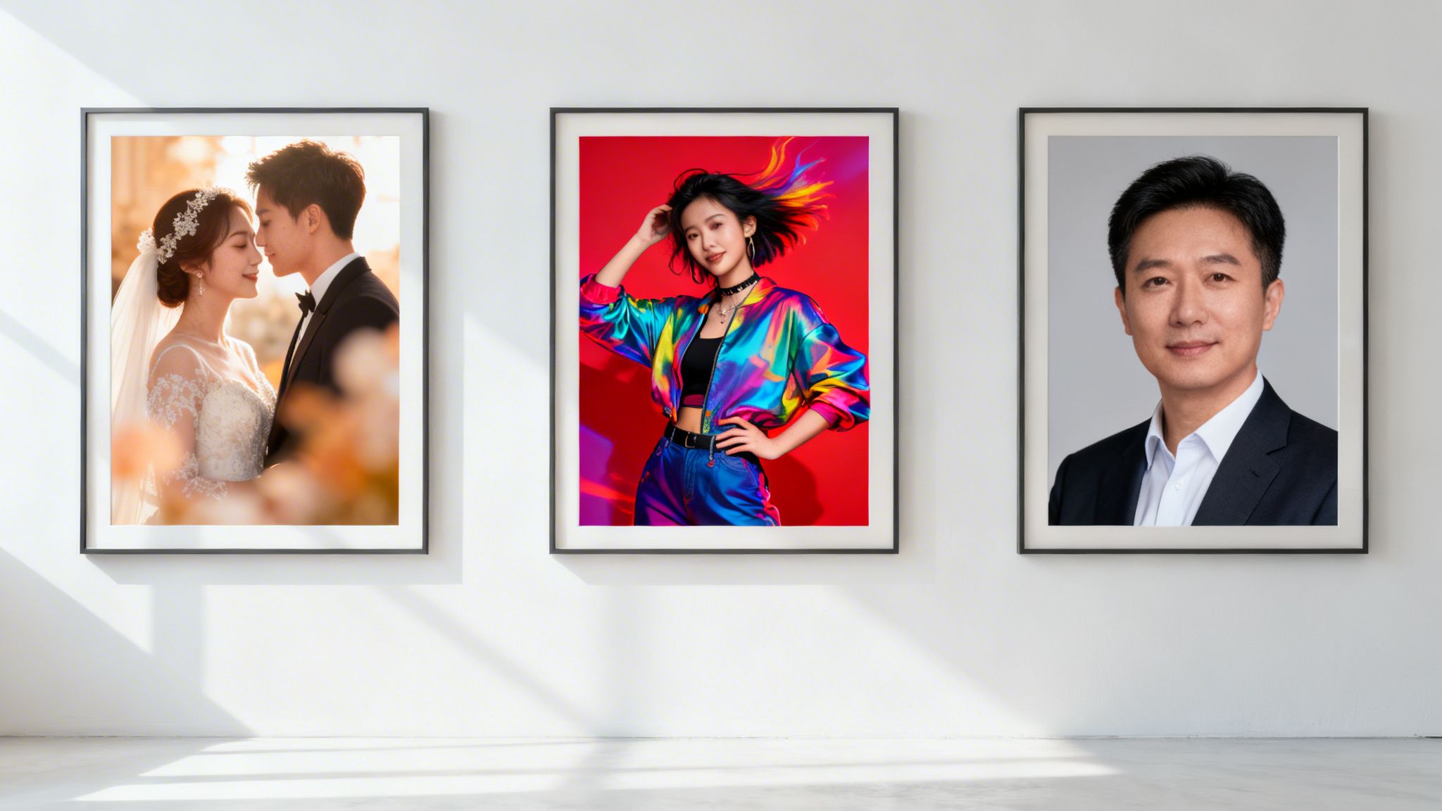 Three diverse framed profile pictures hang on a white wall, showcasing wedding, fashion, and business portraits.