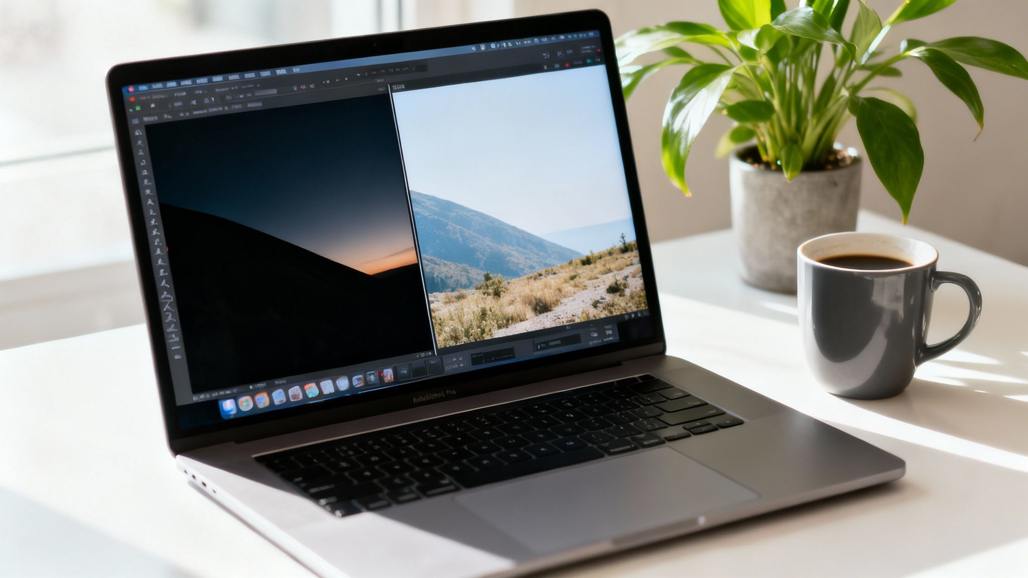 A MacBook Pro displays two landscape photos on a white table with coffee and a plant.