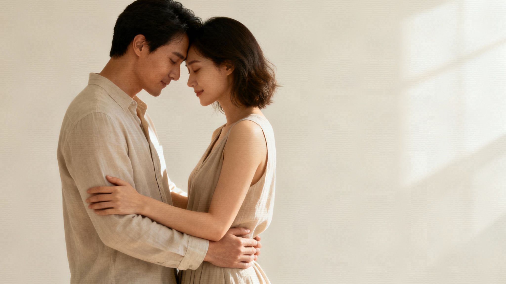 A couple sharing an intimate and natural embrace, demonstrating a modern take on a classic pose.