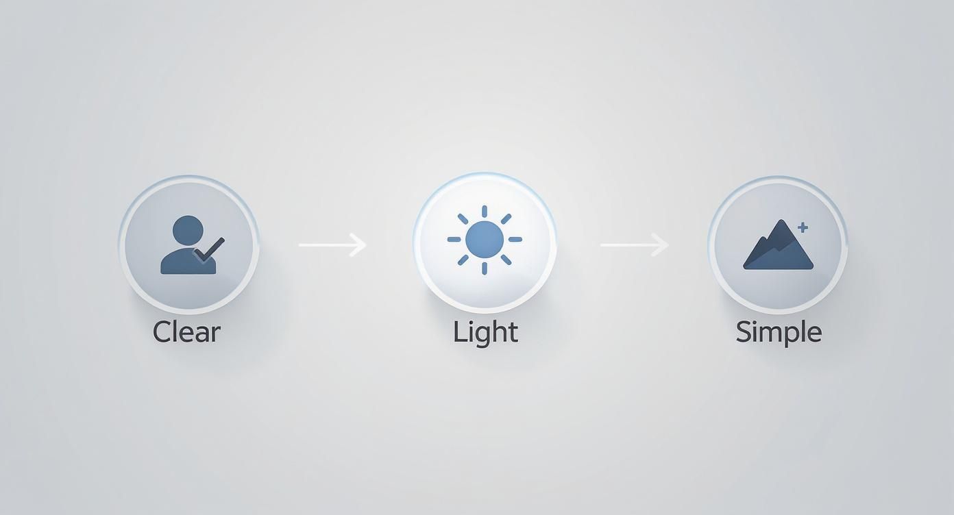 A visual representation of a process with three icons: Clear, Light, and Simple, connected by arrows.