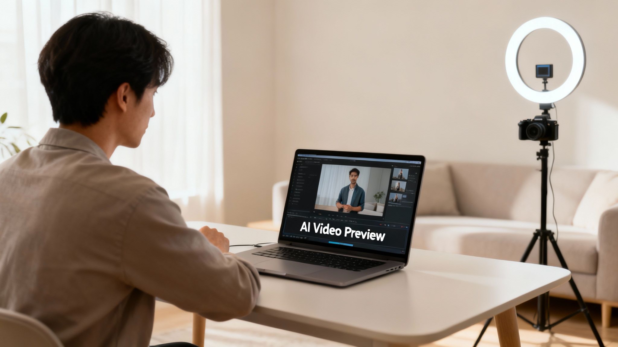 A man uses a laptop to edit video with 'AI Video Preview' shown, beside a camera and ring light.