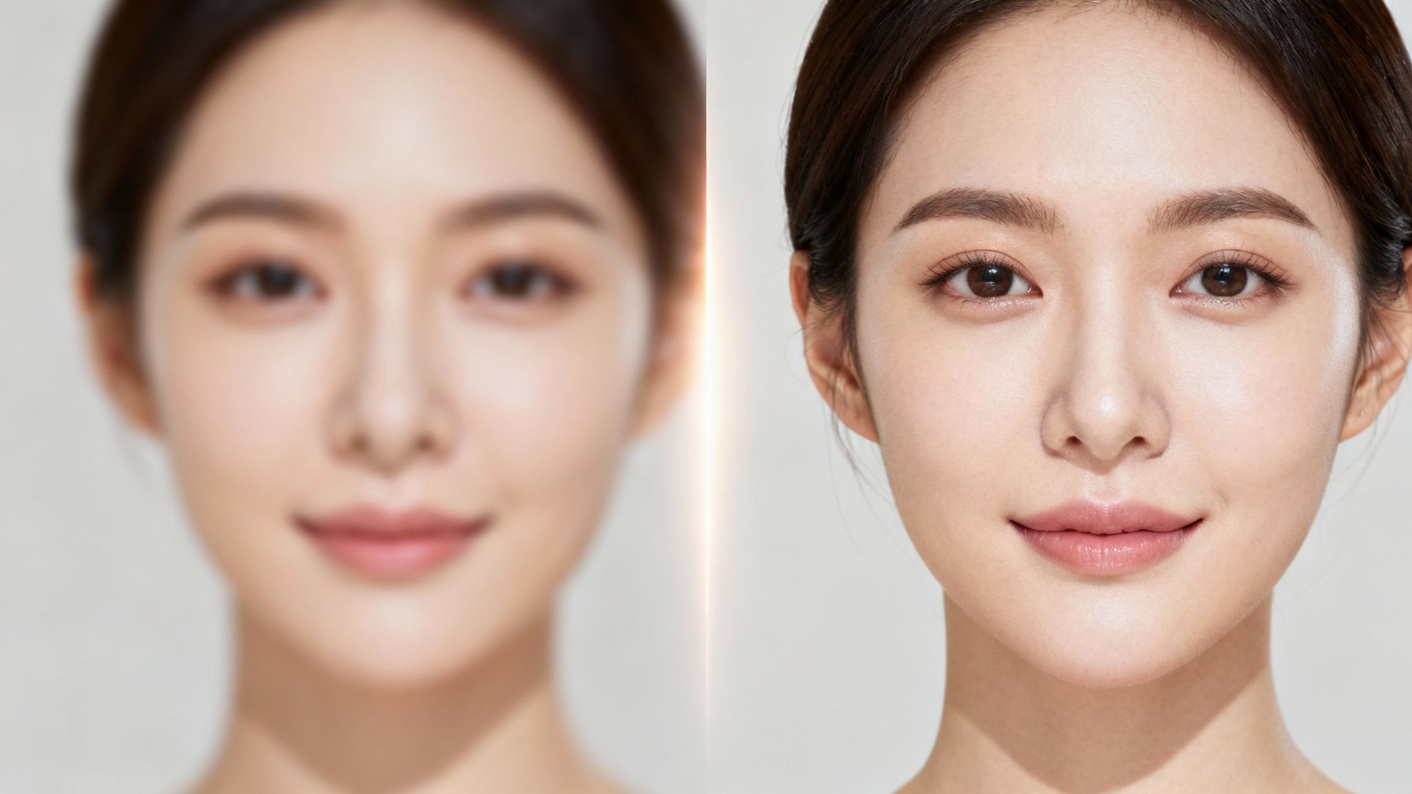 Split image comparing a blurry photo of a woman's face on the left with a sharp, clear version on the right.