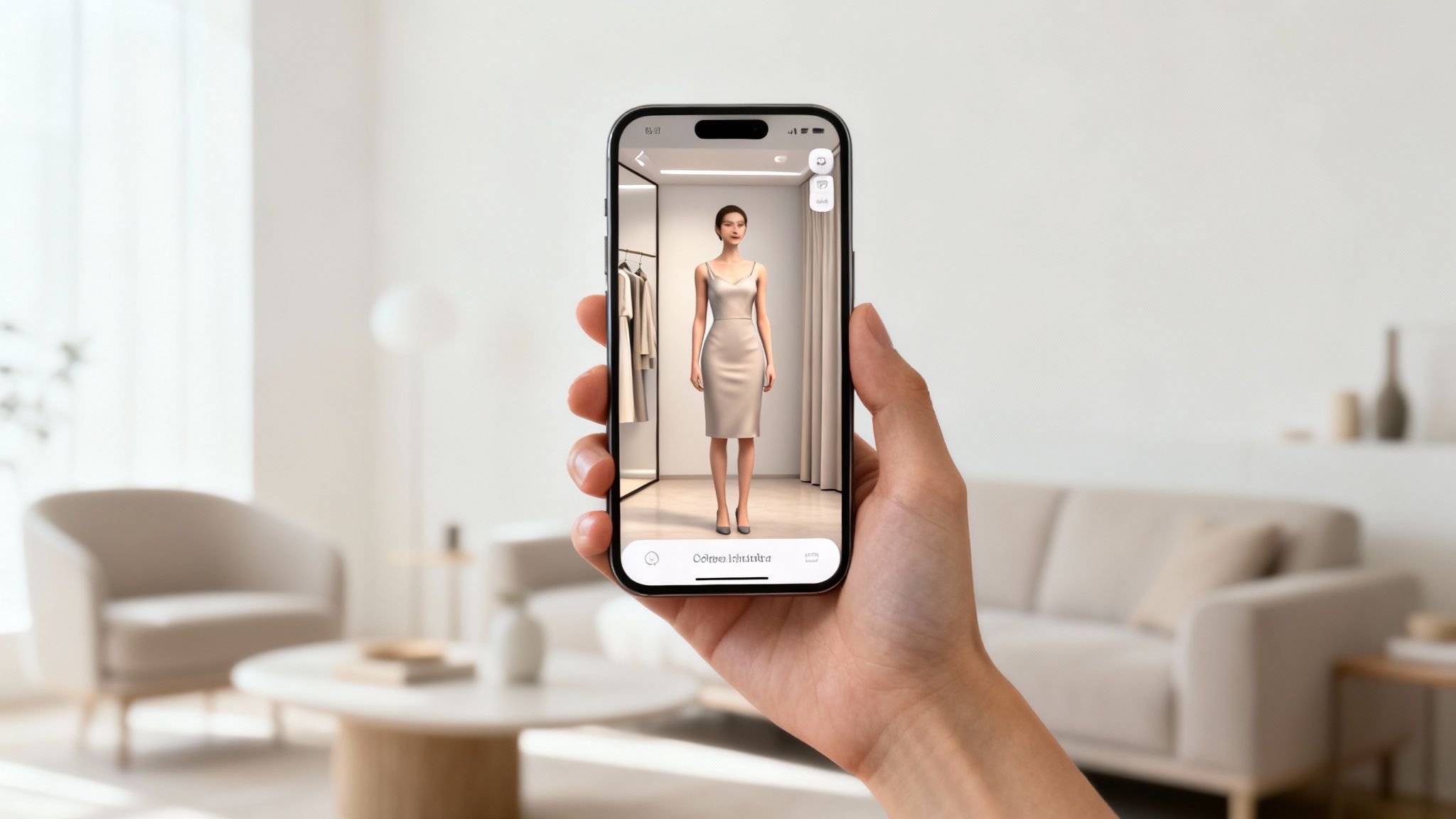 Hand holding a smartphone displaying a virtual fitting room with a model trying on a dress.