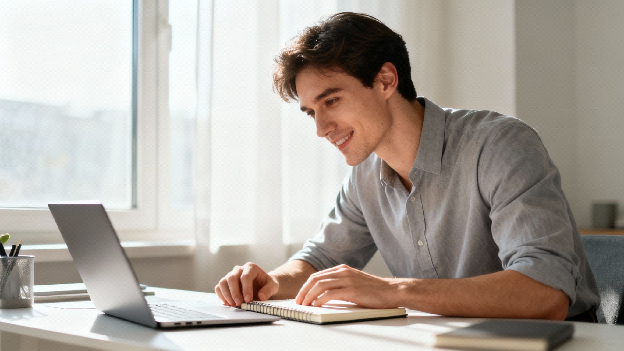 A smiling young man works on a laptop at a bright desk with a notebook, bathed in natural light.