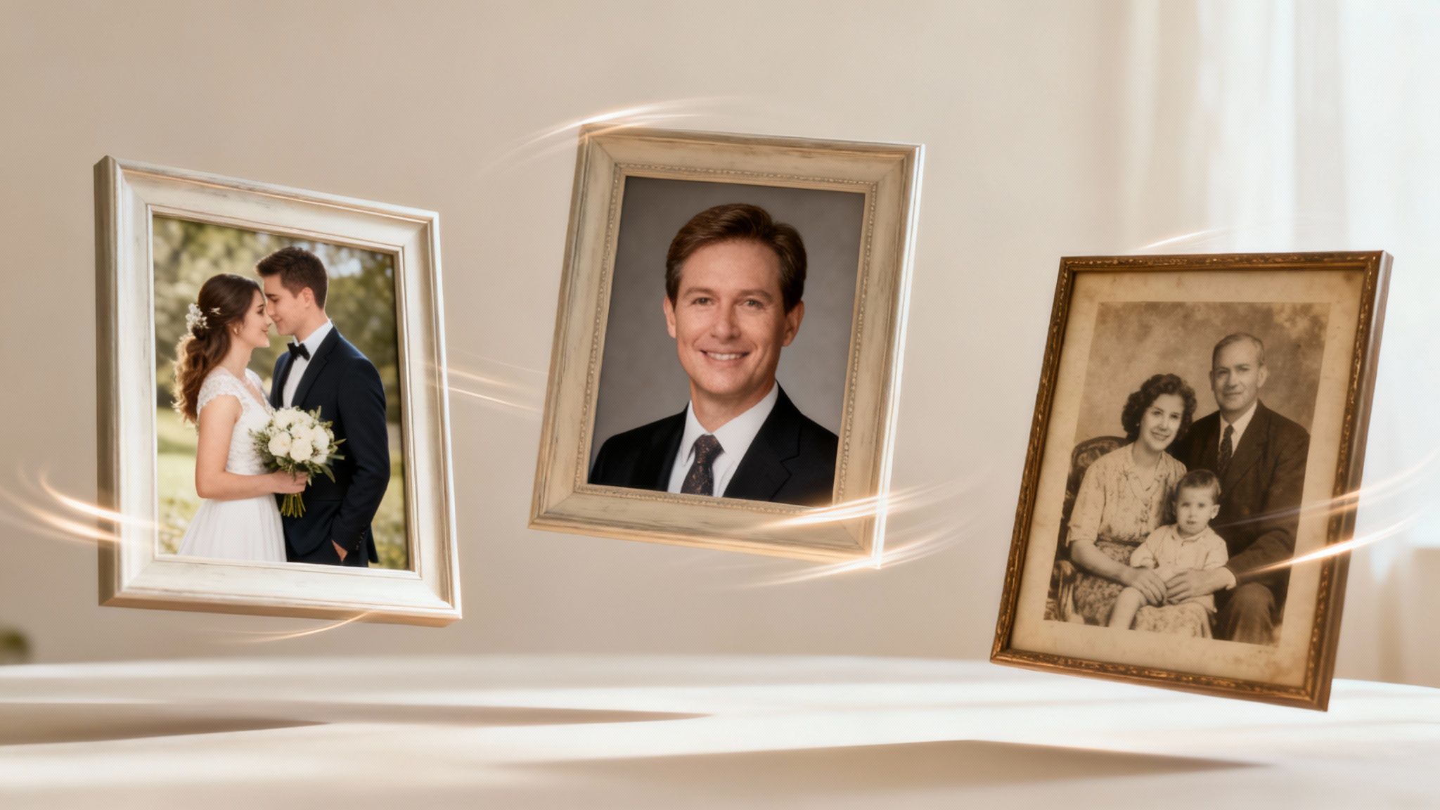 Three floating framed photos: a modern wedding couple, a smiling man, and a vintage family portrait.