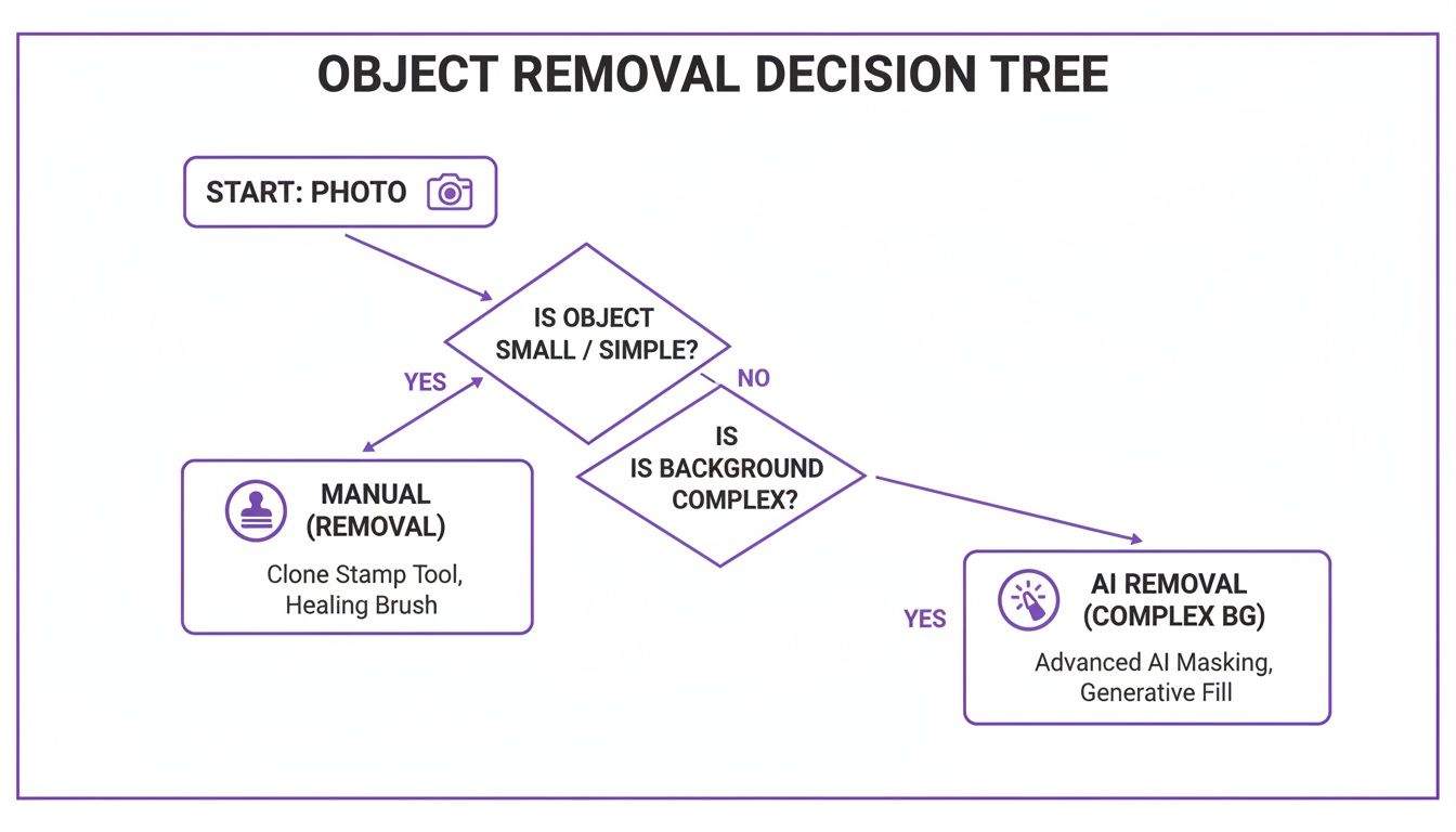 A decision tree flowchart illustrating methods for object removal from photos based on object size and background complexity.