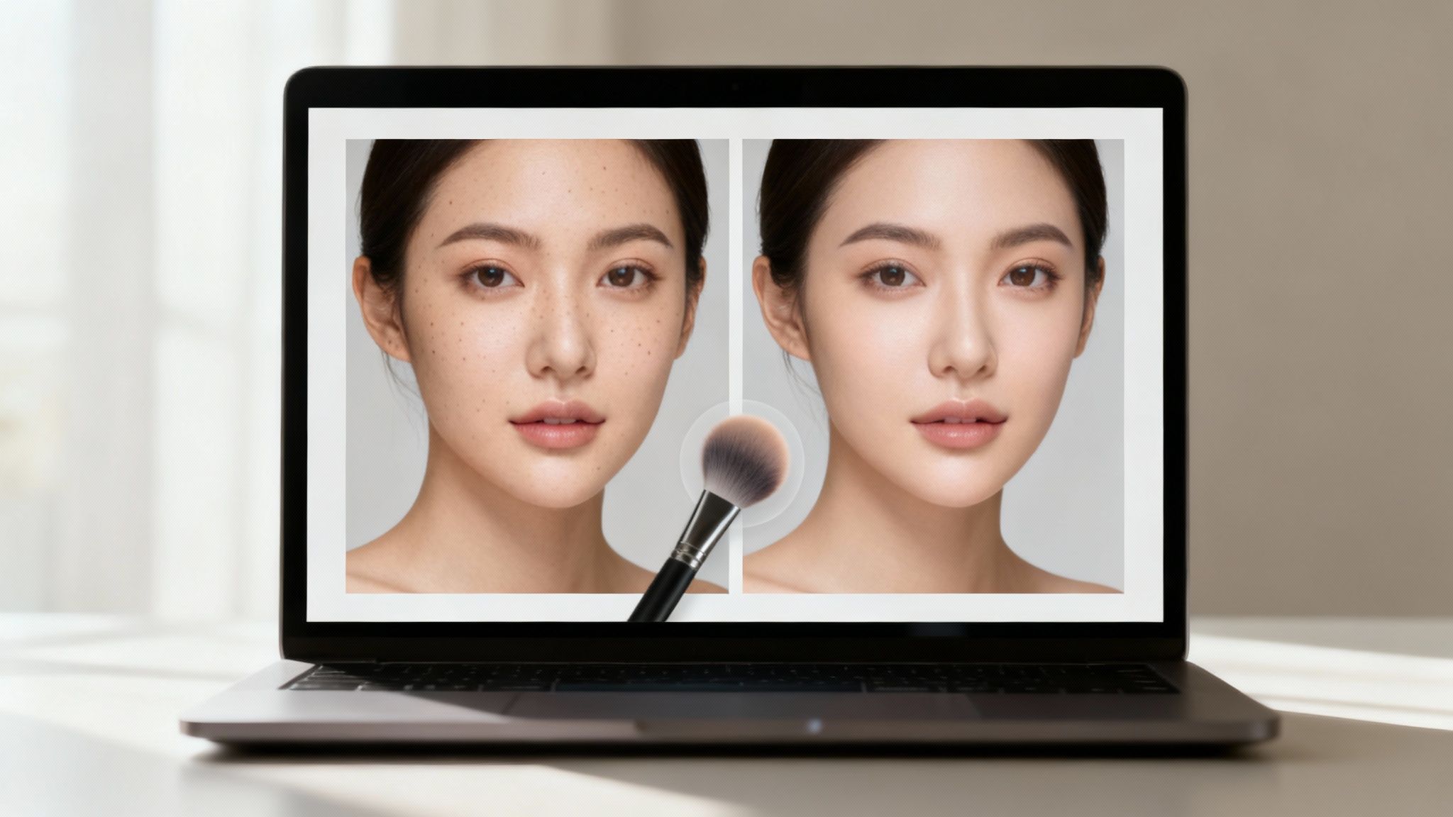 A laptop displays a woman's face before and after skin editing, with a makeup brush icon.