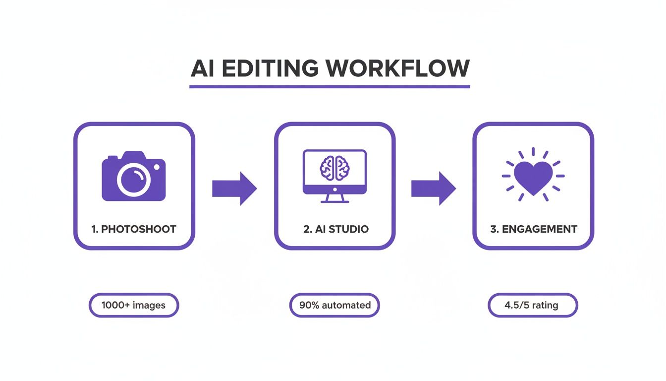 AI editing workflow diagram showing Photoshoot (1000+ images), AI Studio (90% automated), and Engagement (4.5/5 rating).