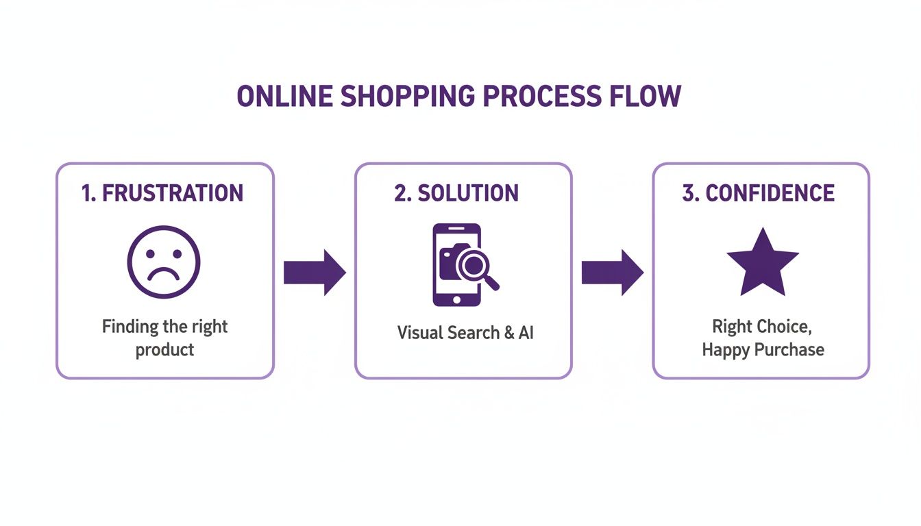 A flow chart illustrates the online shopping process: frustration finding products, solved by visual search and AI, leading to confident purchases.