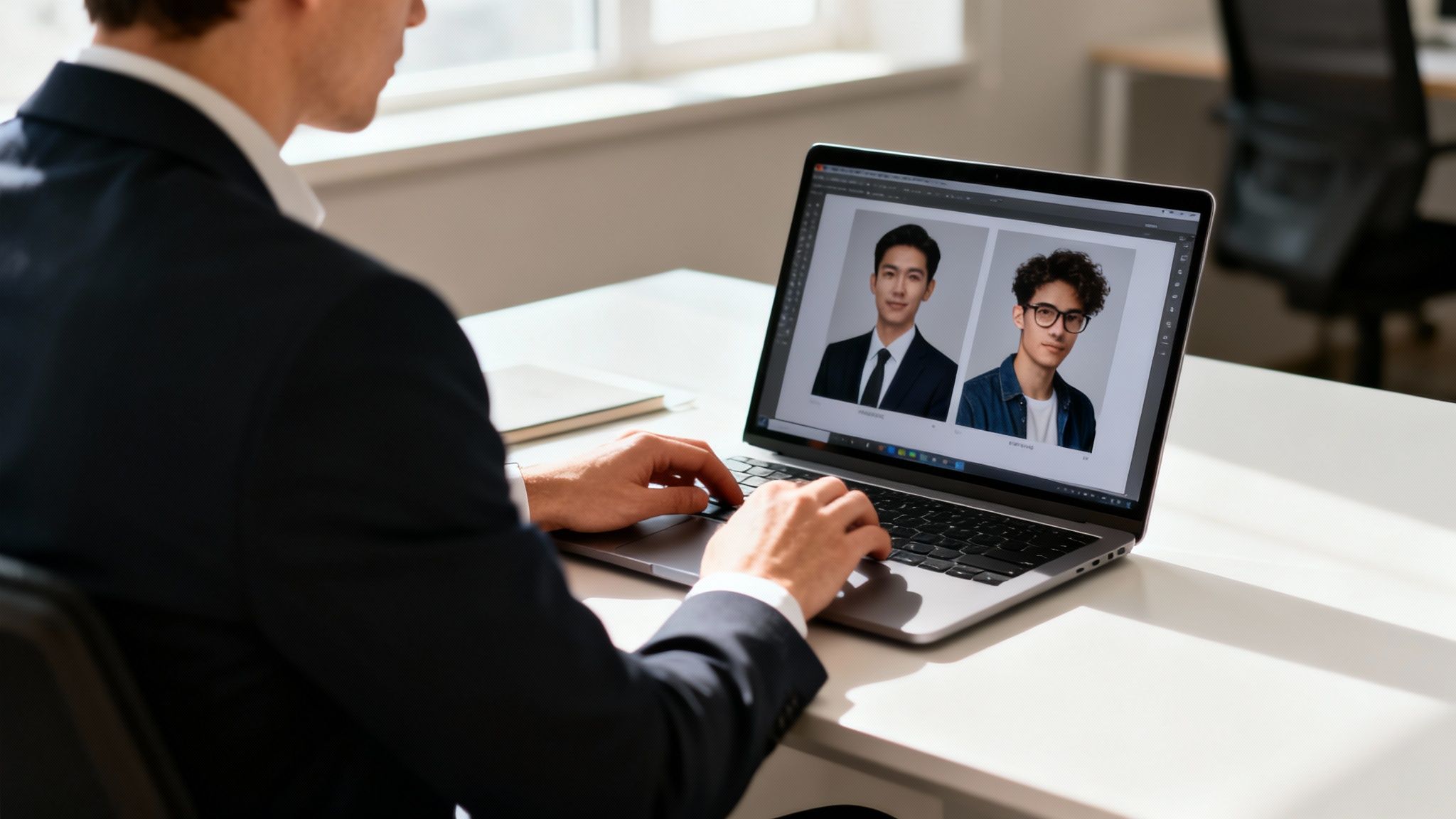 Over-the-shoulder view of a person using a laptop to create or edit AI headshots.