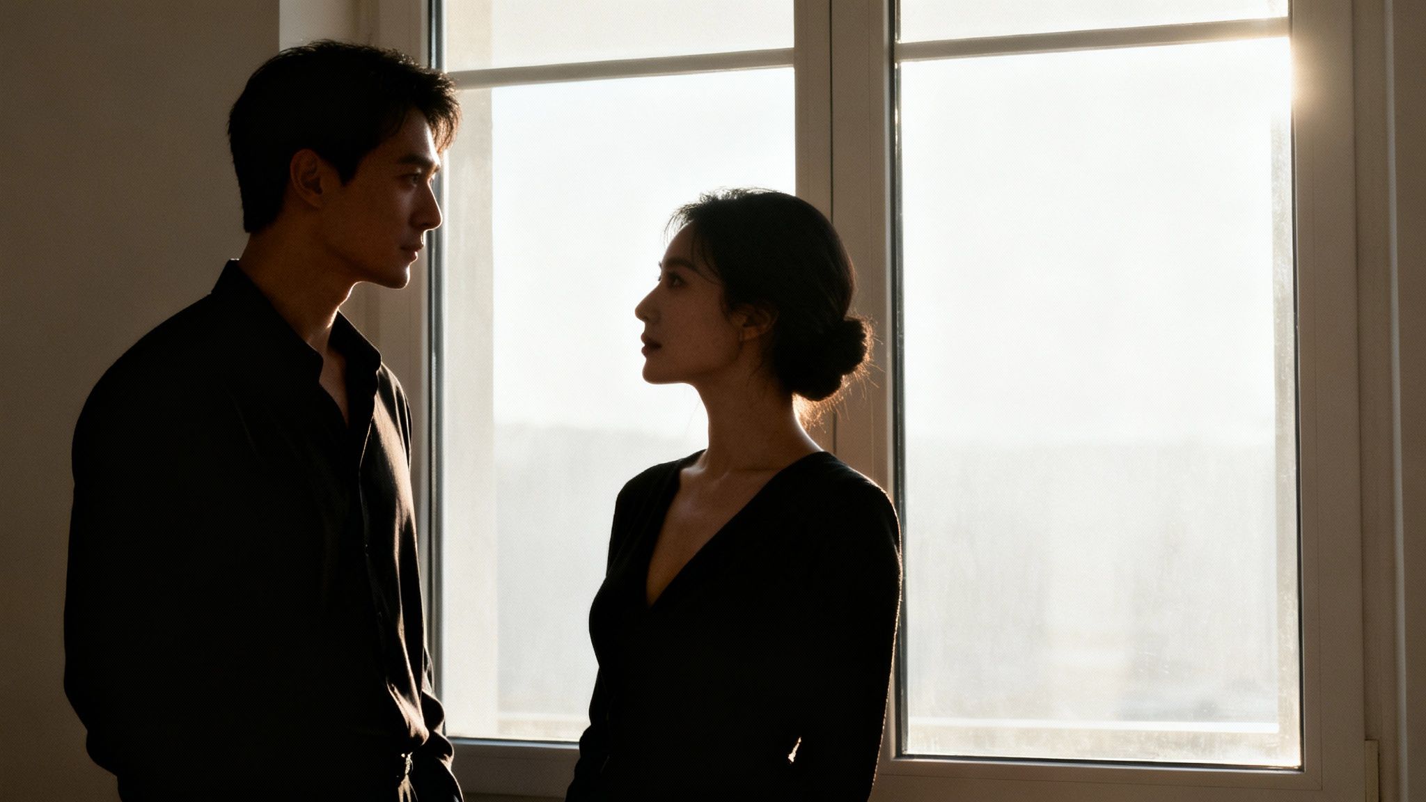 A couple, backlit by a bright window, look at each other with soft, intimate expressions.