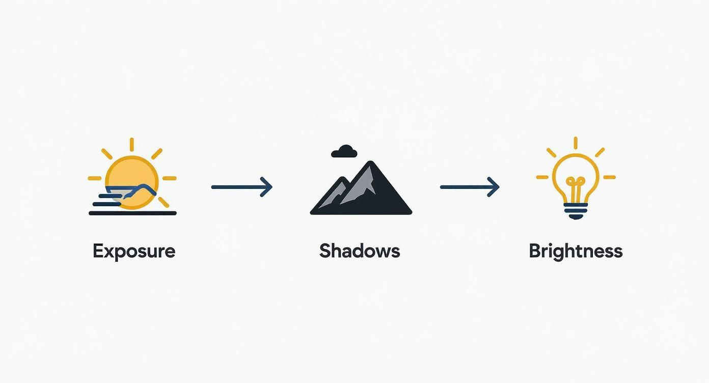 Photography workflow diagram showing exposure, shadows, and brightness adjustment process with icons