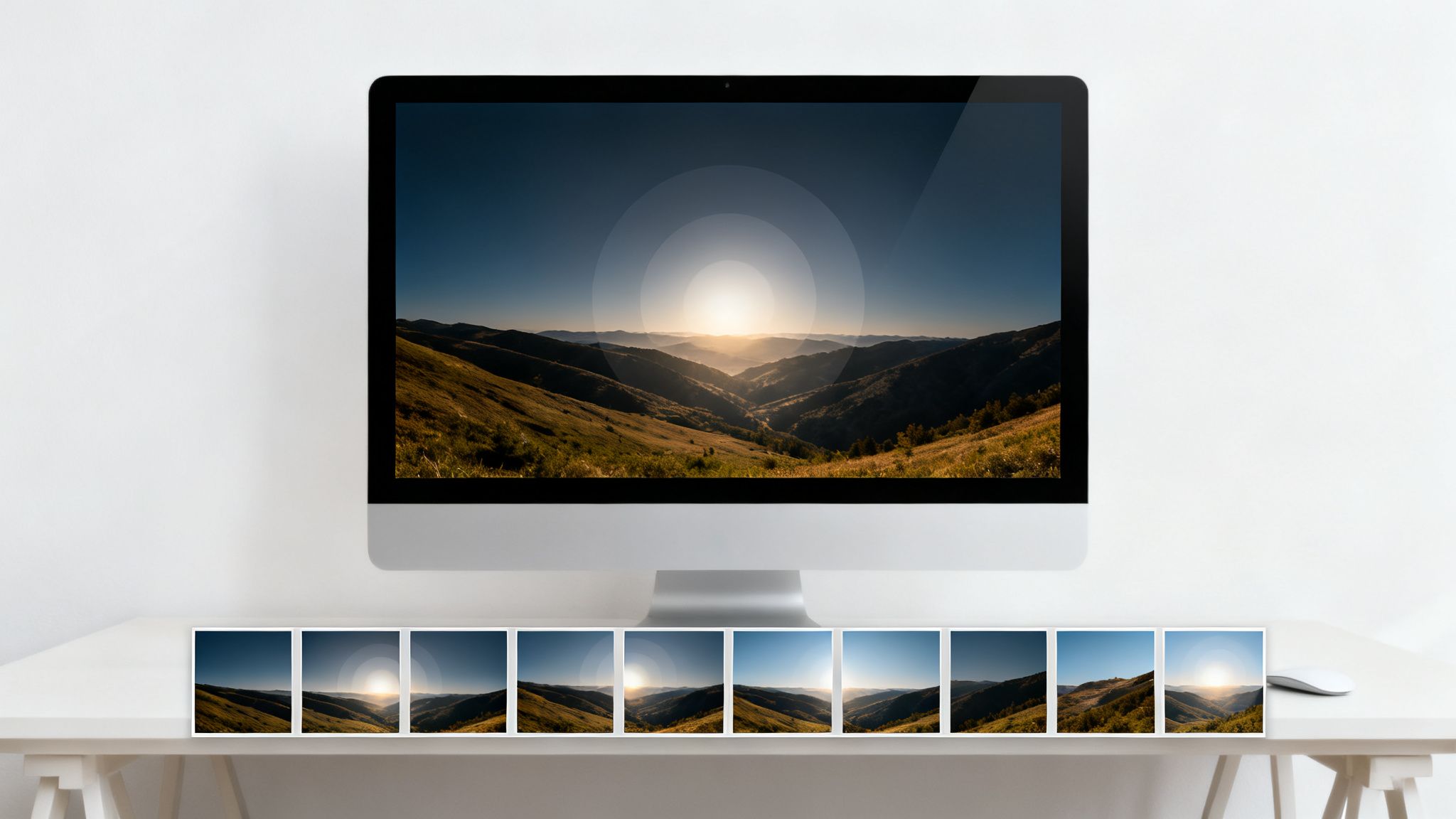 A desktop computer displays an overexposed mountain sunset, with several smaller prints lined below.