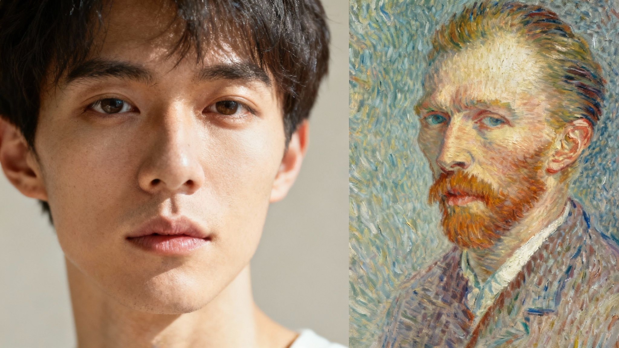 A split image showing a young man's face beside Van Gogh's painted self-portrait.