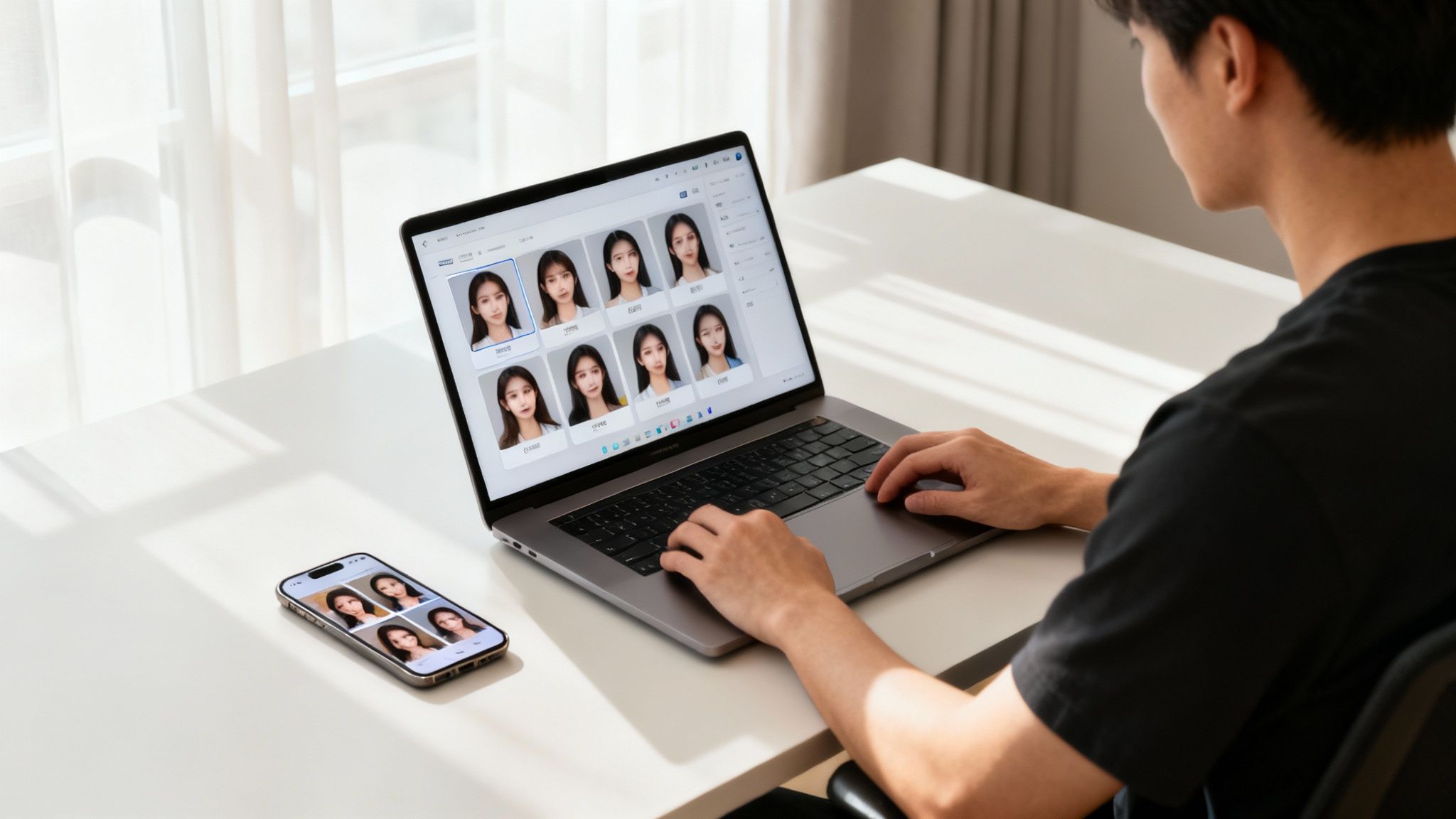 A person reviews multiple professional headshot photos on a laptop and smartphone.