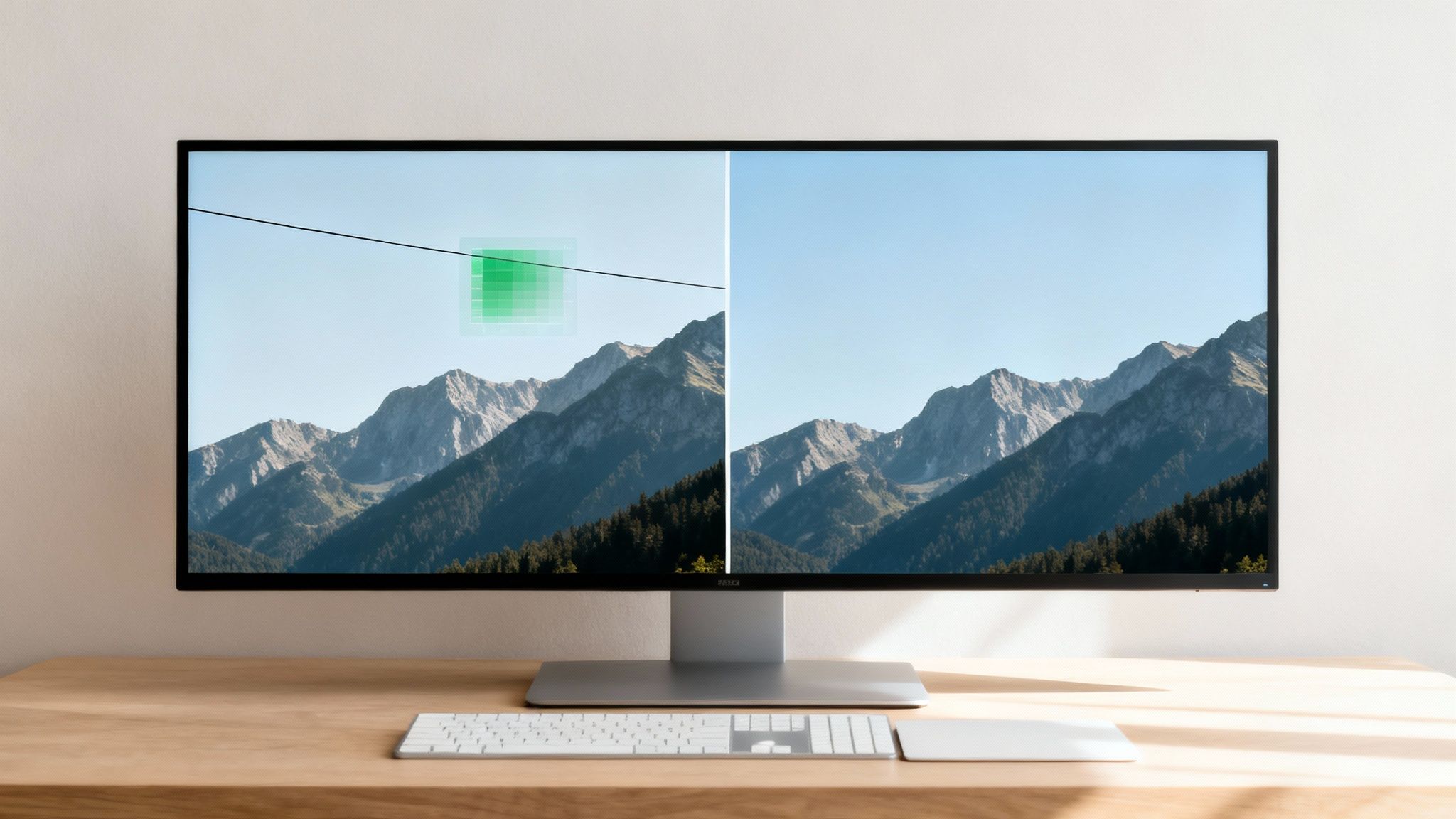 A monitor displays a split-screen mountain image, comparing an artifact-laden original with a clean, retouched version.