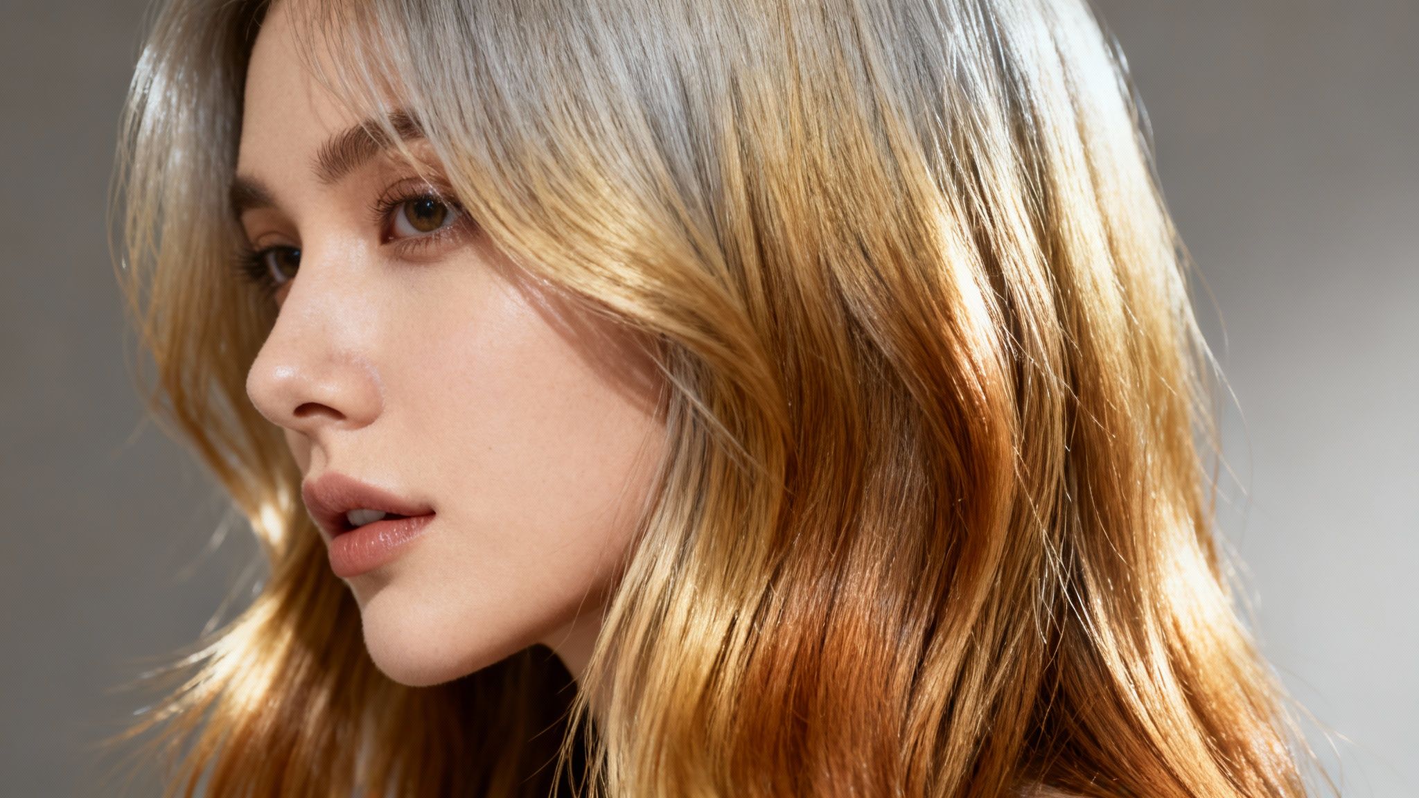 Close-up profile of a woman with beautiful multi-toned blonde and auburn ombre hair.
