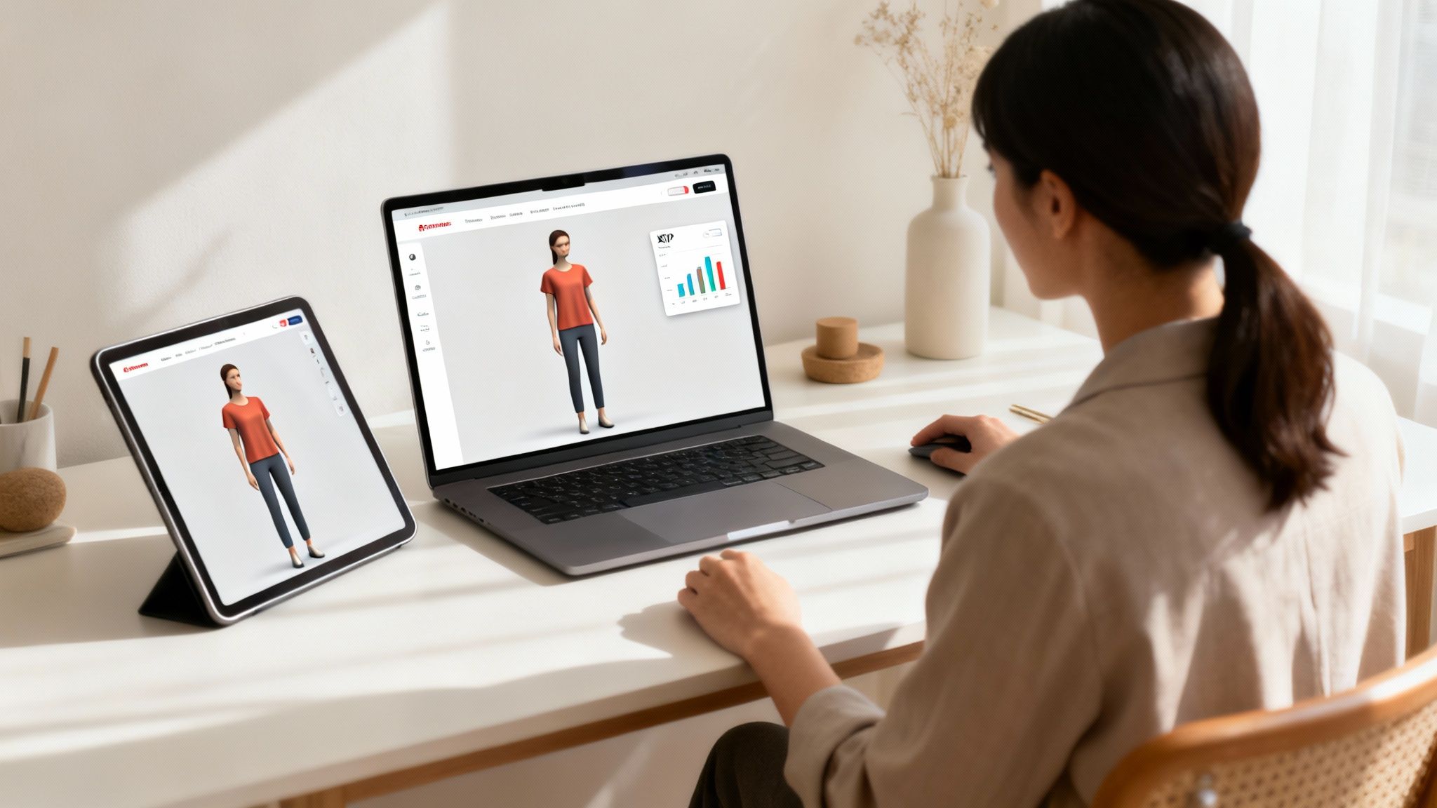 User designing clothes for a 3D avatar in a virtual dressing room on laptop and tablet.