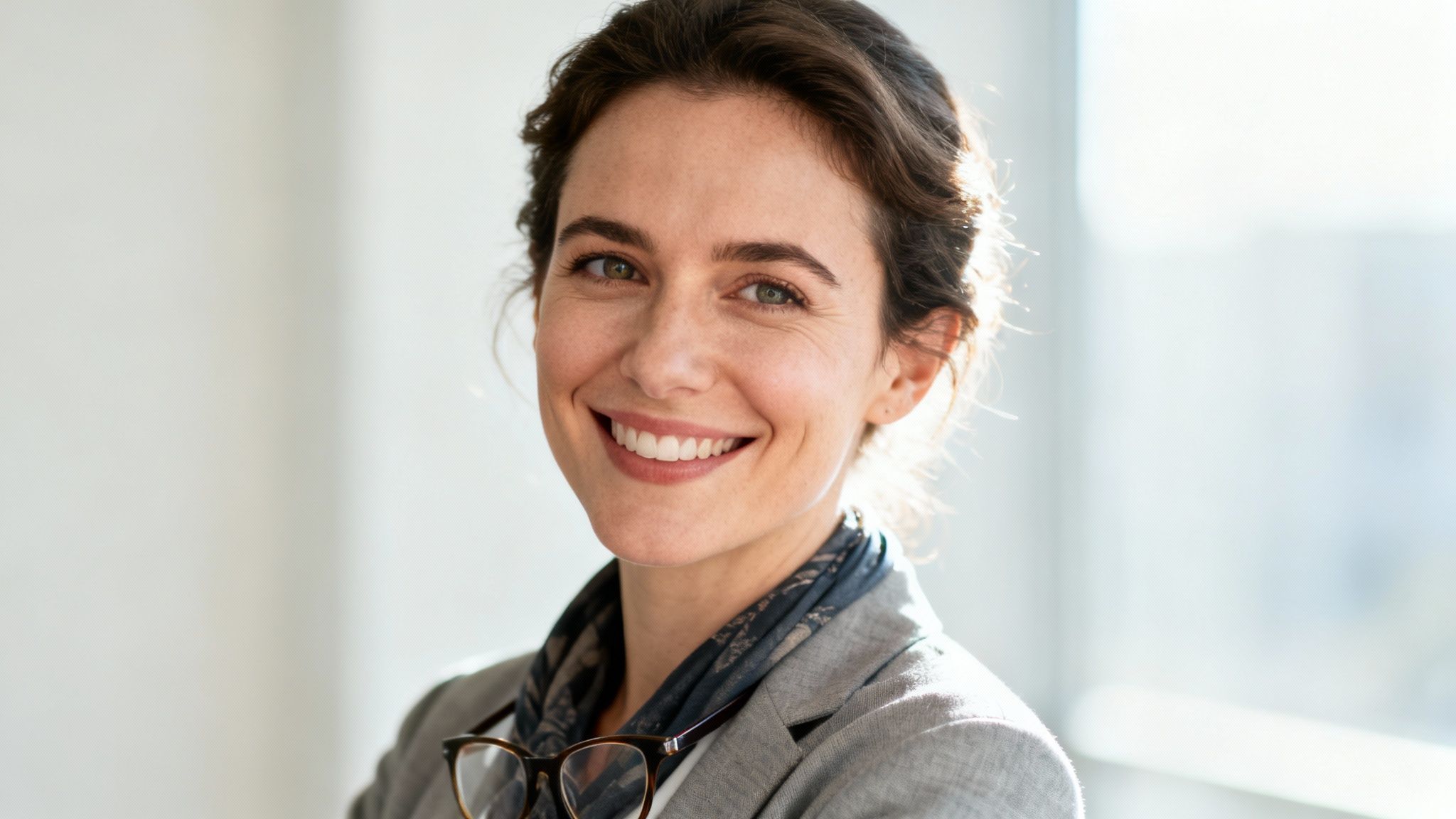 A professional, smiling brunette woman with green eyes wearing a blazer and scarf in a bright setting.