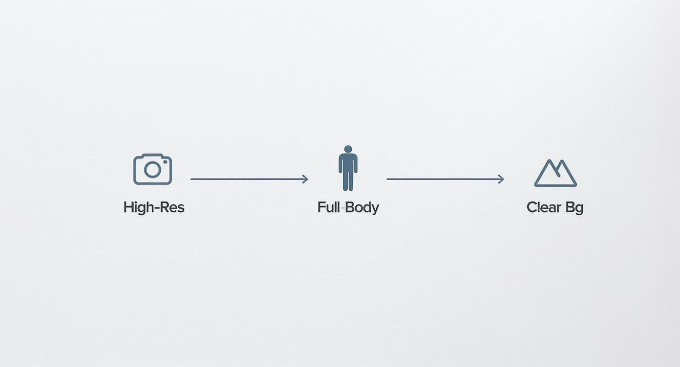 Infographic detailing the process flow for selecting an optimal photo for animation, highlighting high-resolution, full-body shots, and clear backgrounds.