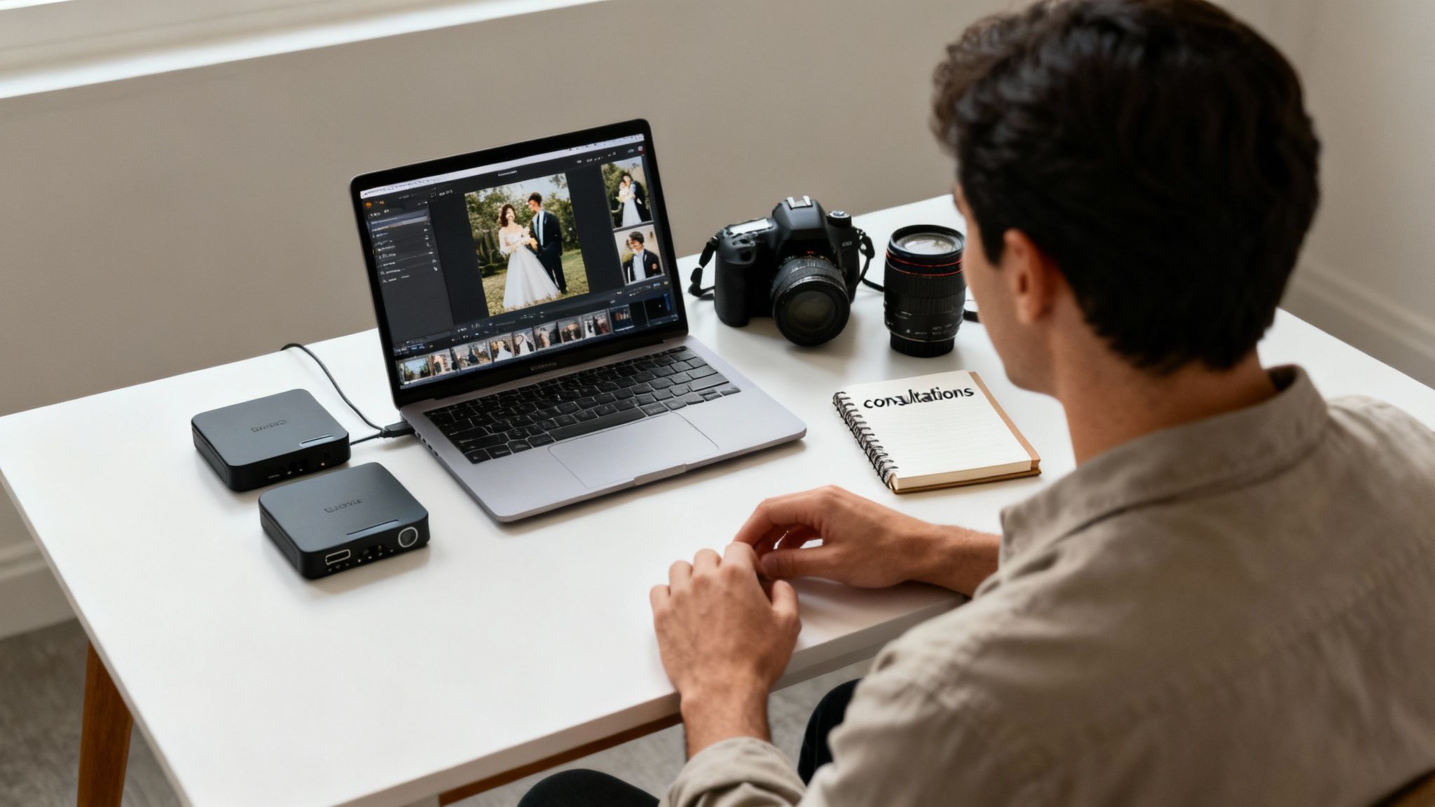 Bride and groom walking on a city street as photographer captures them.
