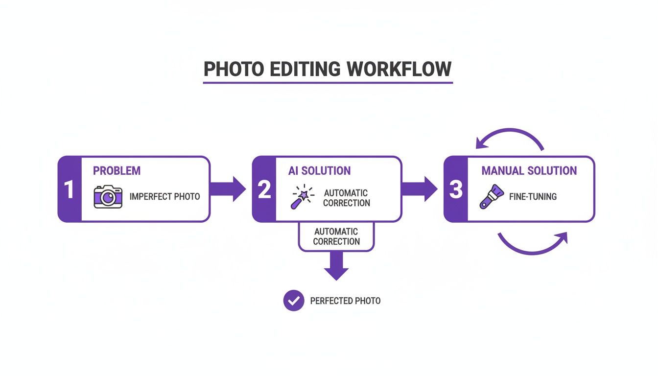 A workflow illustrating photo editing from an imperfect photo through AI and manual fine-tuning steps.