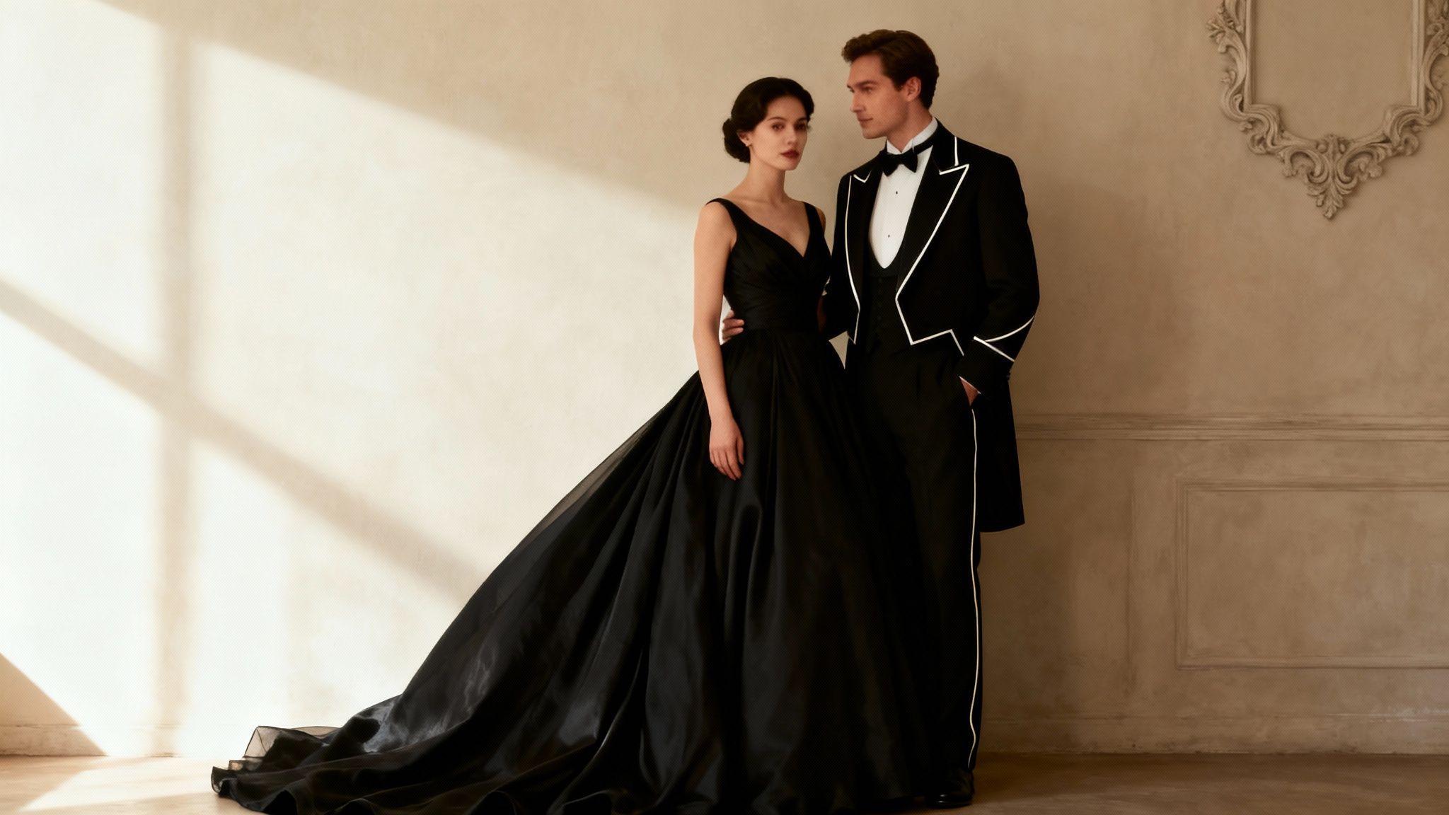 Elegant couple in formal black attire, a woman in a gown and a man in a tuxedo.