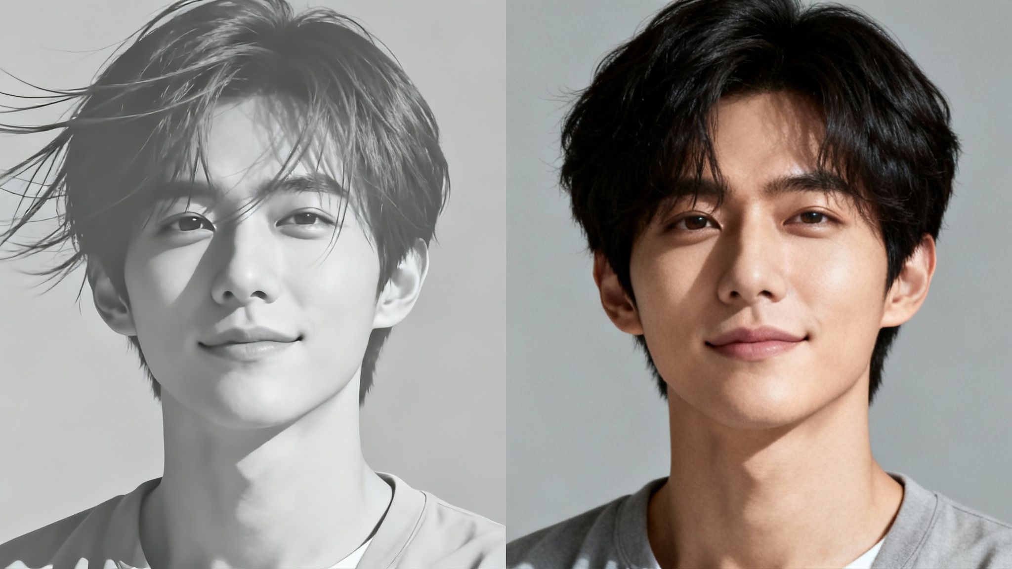 Split image of an East Asian male model, one side black and white, the other in color.