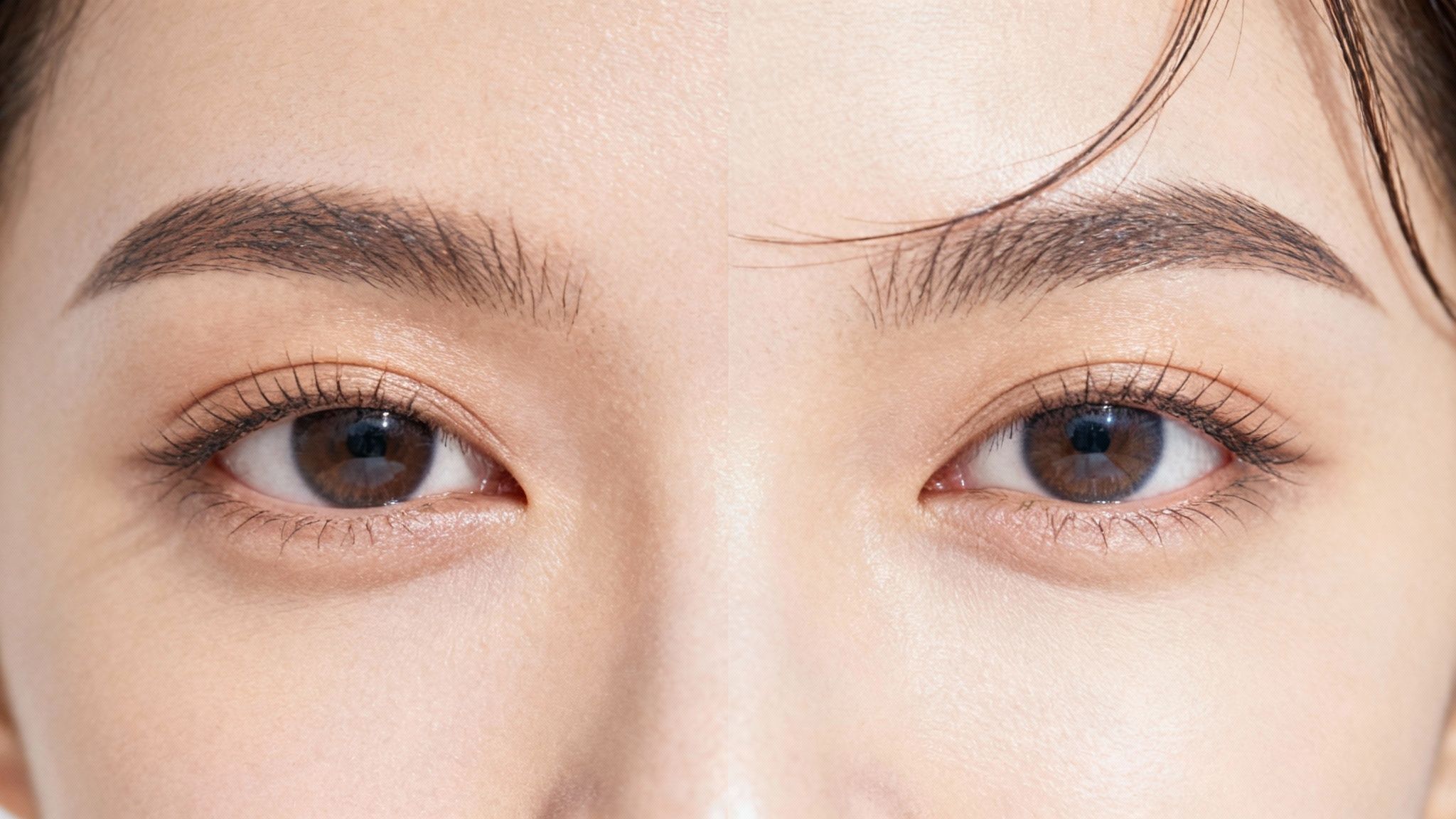 A detailed close-up of a person's eyes, showcasing natural eyebrows, long lashes, and clear skin.