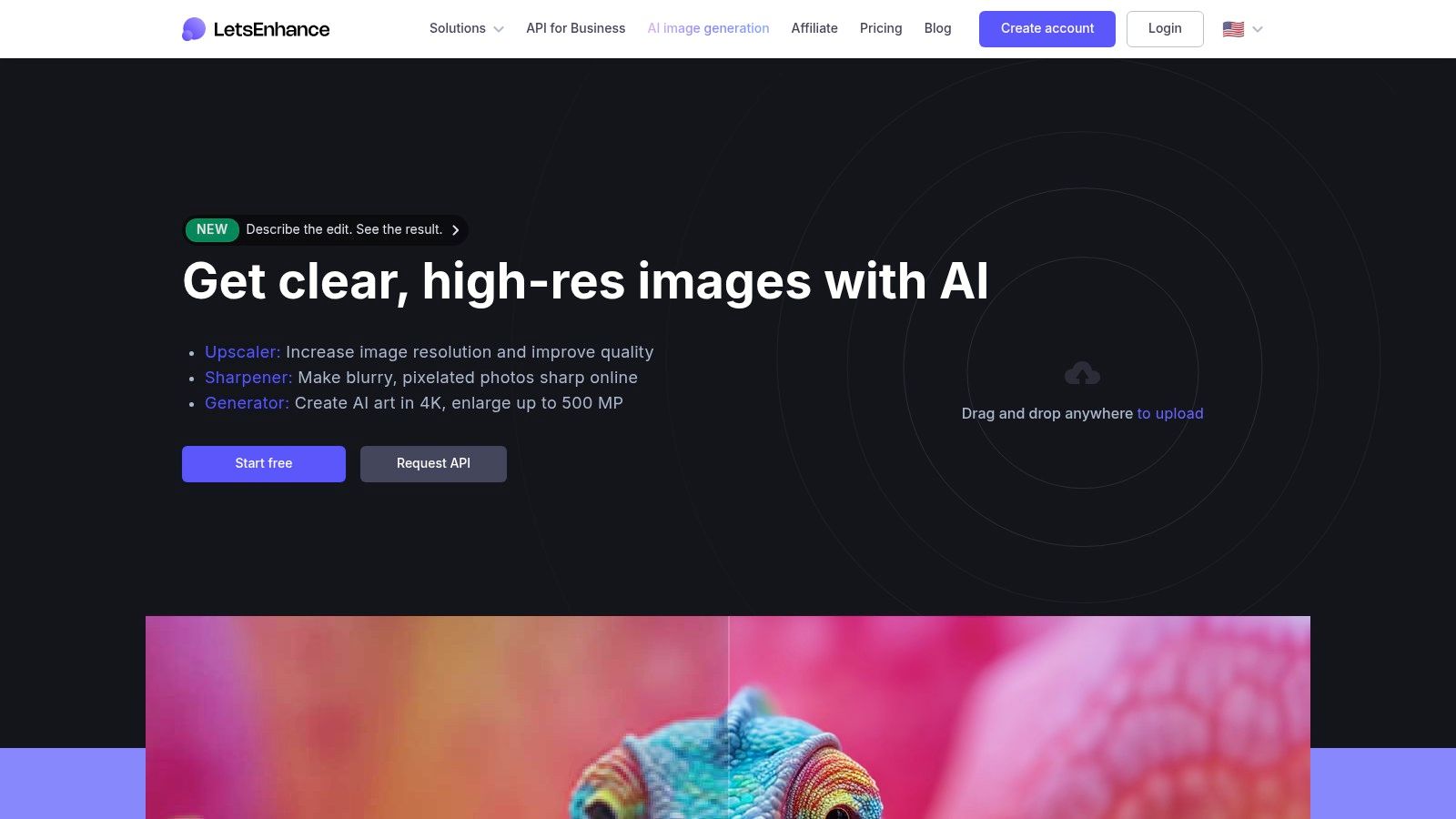 The Let's Enhance web interface showing an image being processed with various enhancement and upscaling options.
